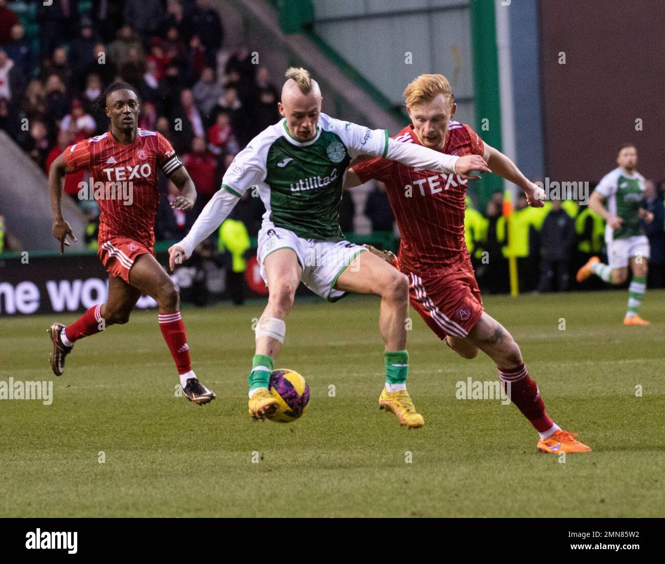 Cinch Premiership - Hibernian FC contro Aberdeen FC 28/1/2023. Hibernian ospita Aberdeen nella Cinch Premiership al Easter Road Stadium, Edimburgo, Foto Stock