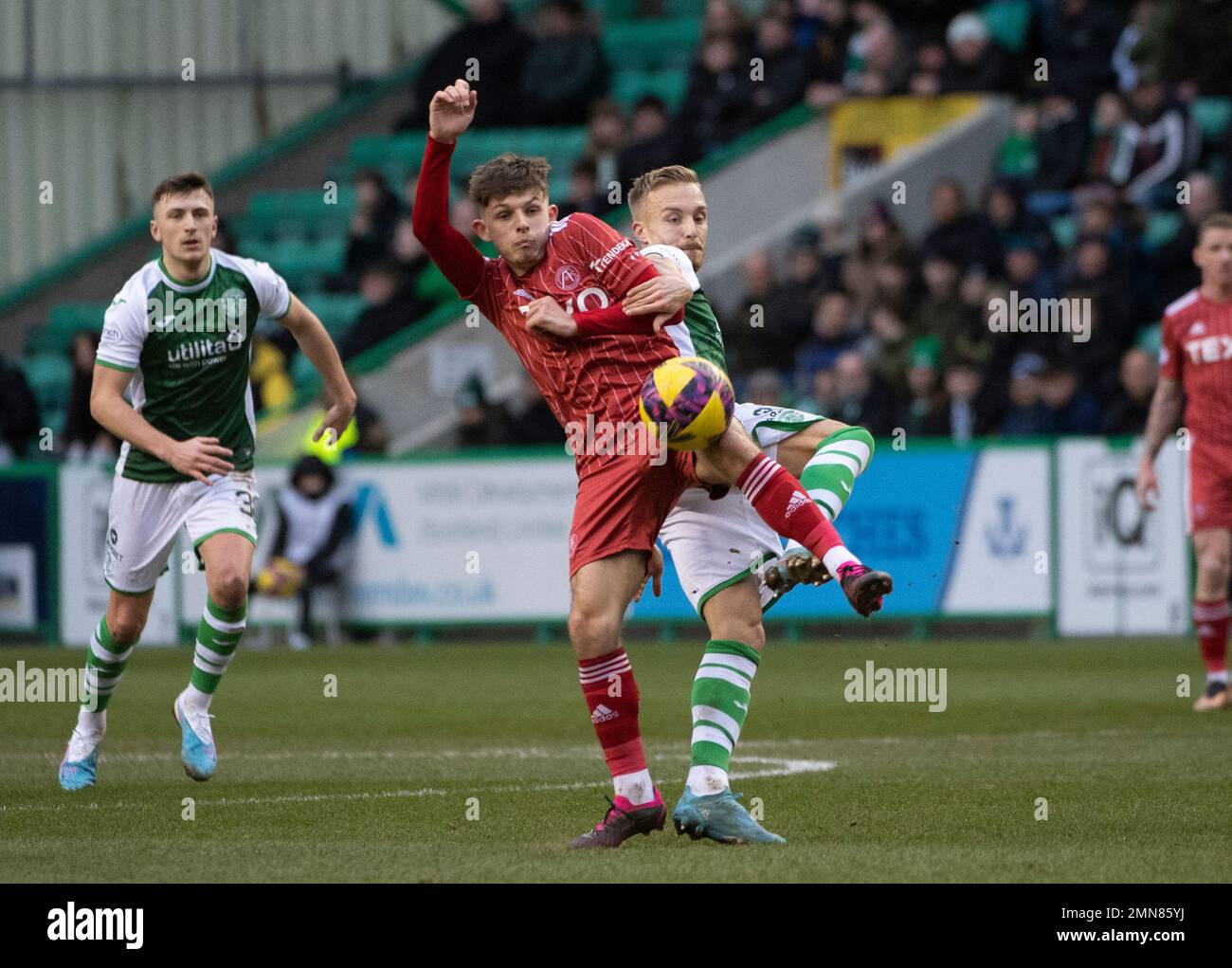 Cinch Premiership - Hibernian FC contro Aberdeen FC 28/1/2023. Hibernian ospita Aberdeen nella Cinch Premiership al Easter Road Stadium, Edimburgo, Foto Stock