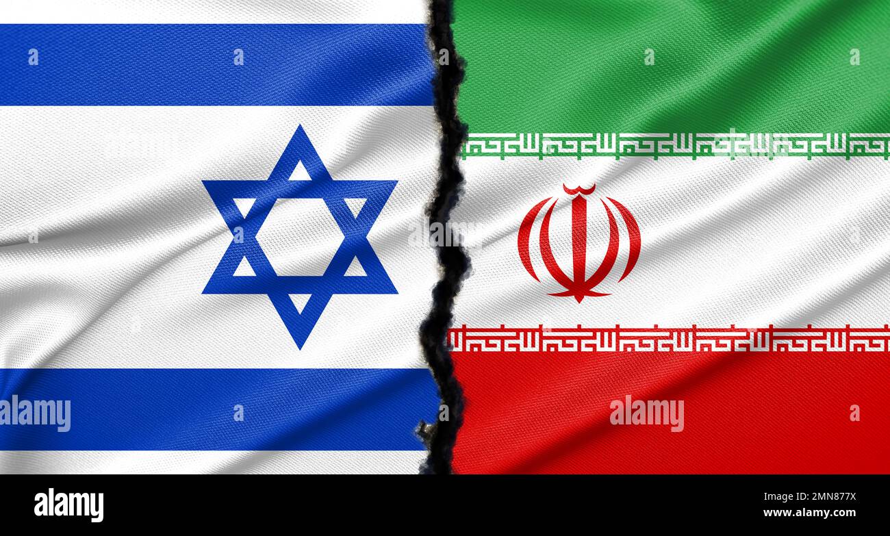 Bandiere di Iran e Israele, Iran contro Israele nel concetto di crisi della guerra mondiale, bandiere di paese sul muro rotto. Foto Stock