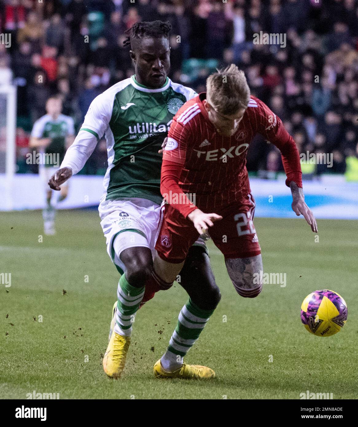 Cinch Premiership - Hibernian FC contro Aberdeen FC 28/1/2023. Hibernian ospita Aberdeen nella Cinch Premiership al Easter Road Stadium, Edimburgo, Foto Stock
