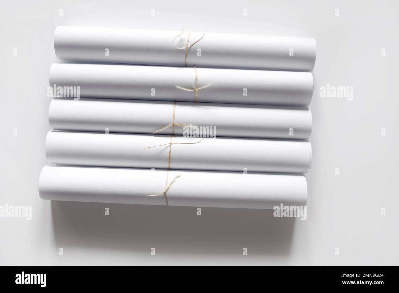 Rotoli di carta bianca su sfondo bianco. Carta mockup per riviste, cataloghi o giornali. Stampa tema casa o carta da imballaggio per regali. Foto Stock