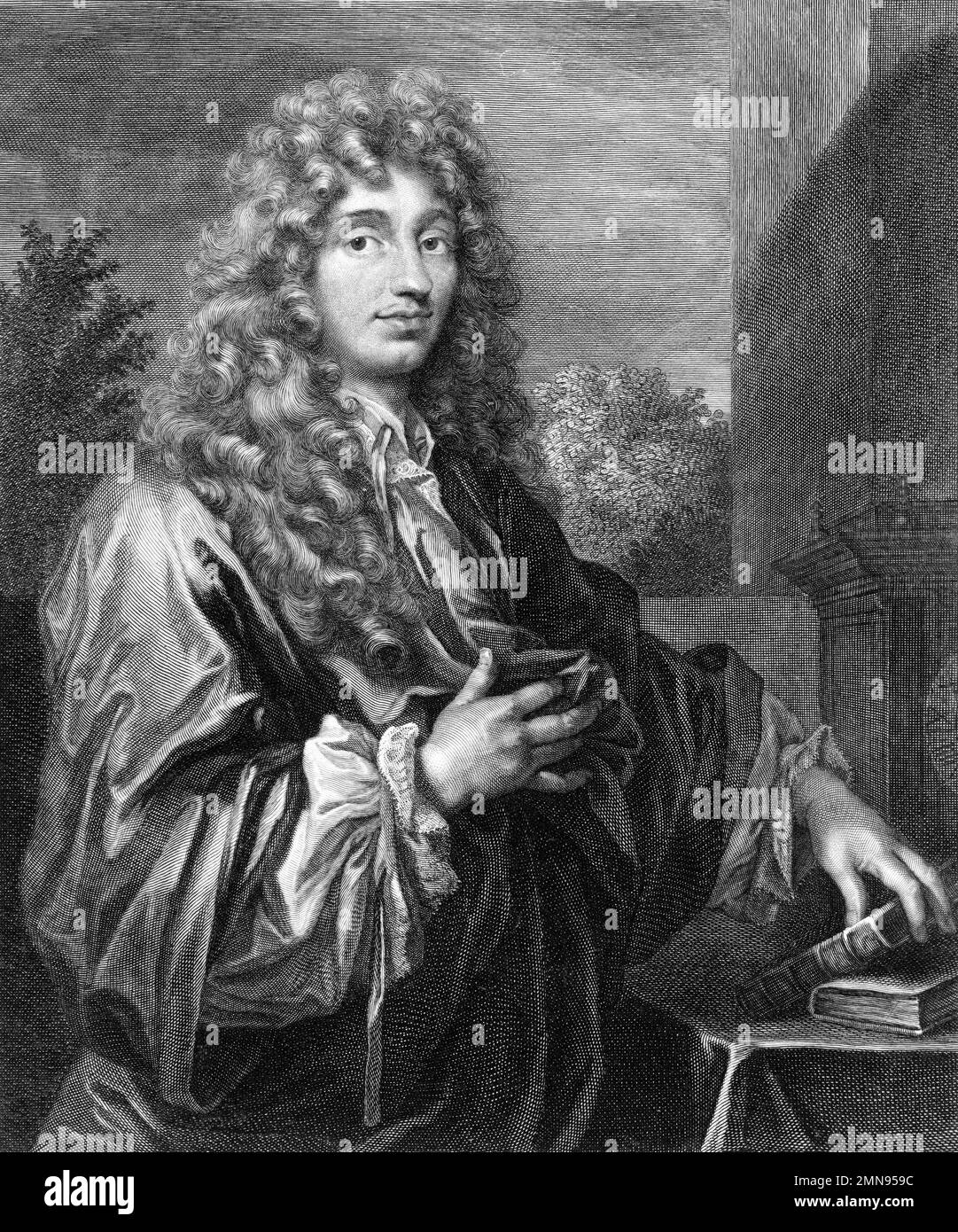 Christiaan Huygens. Ritratto del matematico, fisico e astronomo olandese Christiaan Huygens (1629-1695), incisione, c. 1687/8 Foto Stock