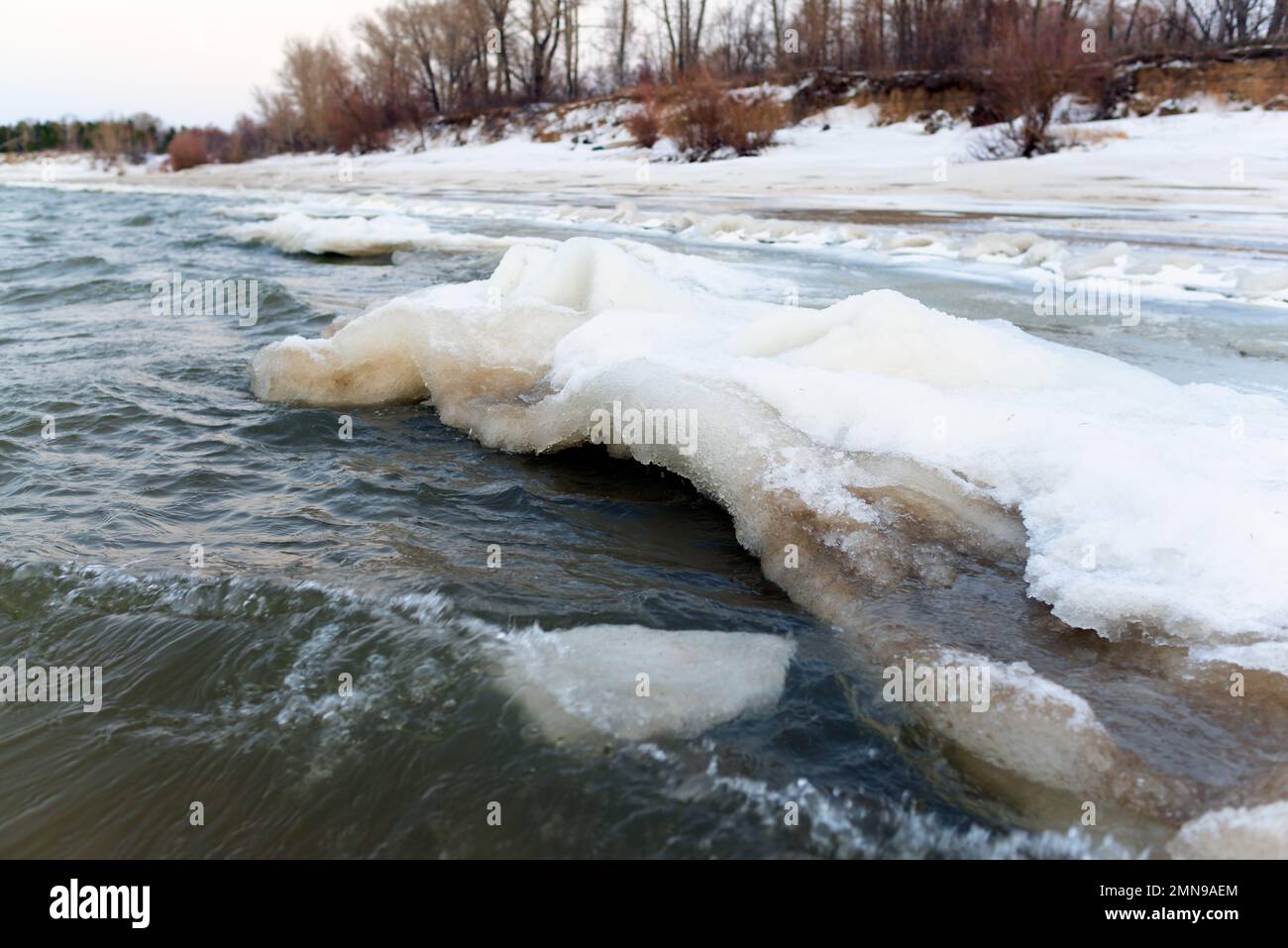 Il primo ghiaccio debole sale in onde dal flusso d'acqua. Foto Stock