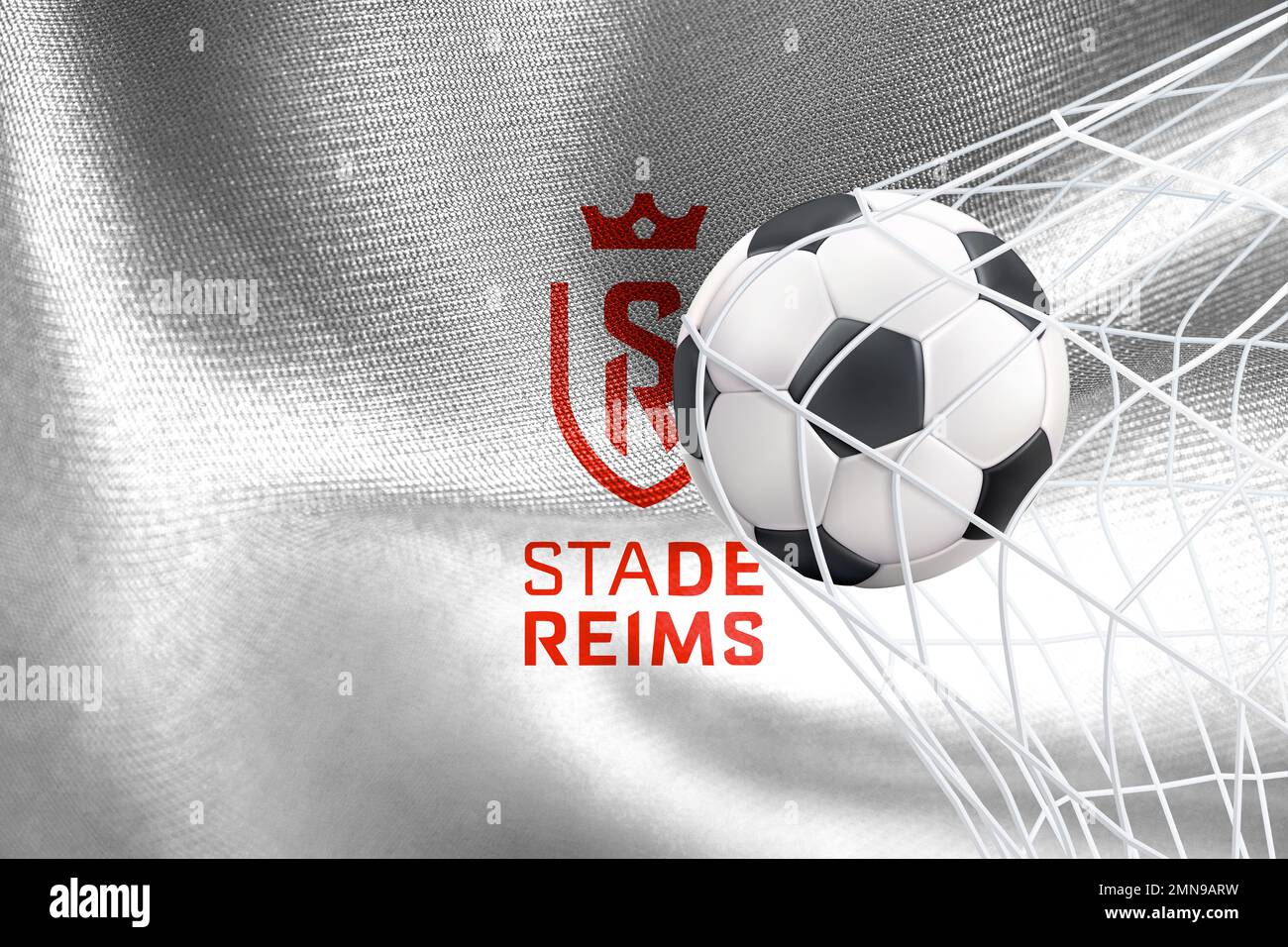 UEFA Champions League 2023, bandiera dello Stade de Reims con una palla da calcio in rete, UEFA Wallpaper, 3D lavoro e 3D immagine. Yerevan, Armenia - 2023 gennaio 27 Foto Stock