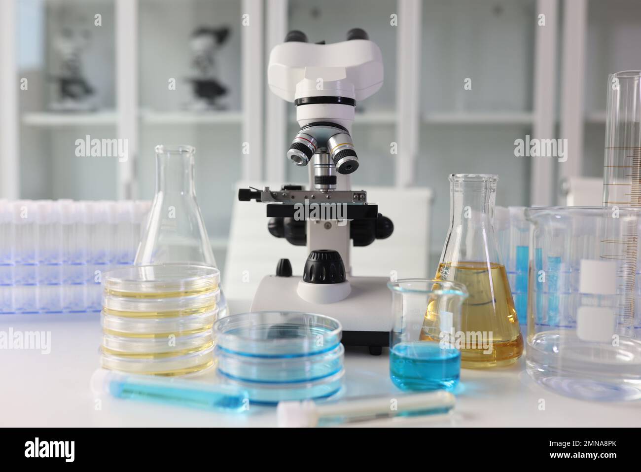 Vetreria da laboratorio per microscopio e prodotti chimici su tavolo da laboratorio. Foto Stock