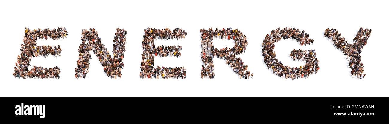 Concetto o grande comunità concettuale di persone che formano parola DI ENERGIA. 3d metafora illustrativa per combustibili fossili, tecnologia, alternativa, rinnovabile Foto Stock