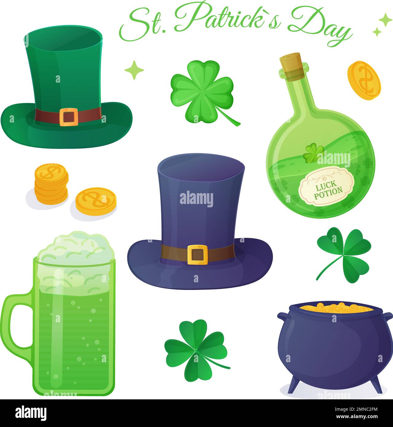 St Insieme di elementi verdi per il giorno di Patrick. Pozione fortuna, trefoil, shevron, pentola con oro, monete, birra verde, concetto fortuna. Illustrazione Vettoriale