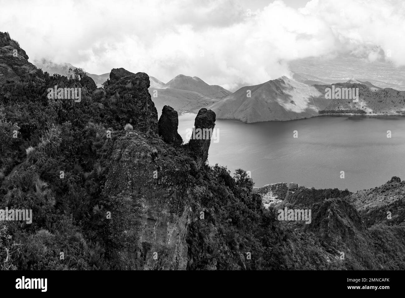 Cime sul bordo di un vulcano coperto di vegetazione andina da un lato e paramo dall'altro, una giornata di sole. Foto Stock
