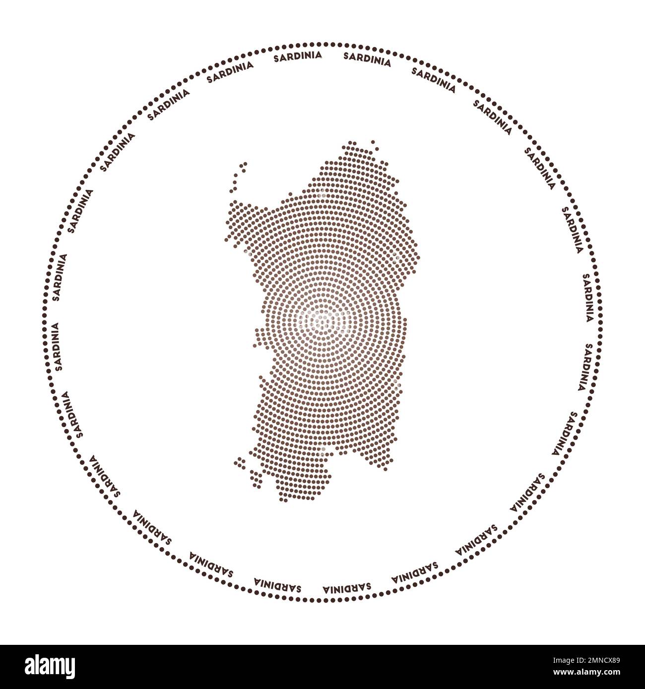 Logo rotondo Sardegna. Forma in stile digitale della Sardegna in cerchio punteggiato con il nome dell'isola. Icona tecnologica dell'isola con punti sfumati. Vettore radiante i Illustrazione Vettoriale