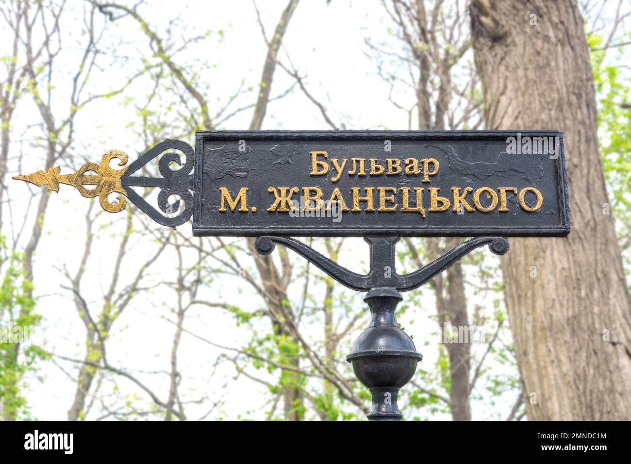 ODESSA, UCRAINA - Apr 29, 2019: Mikhail Zhvanetsky Boulevard. Cartello stradale a Odessa, Ucraina Foto Stock