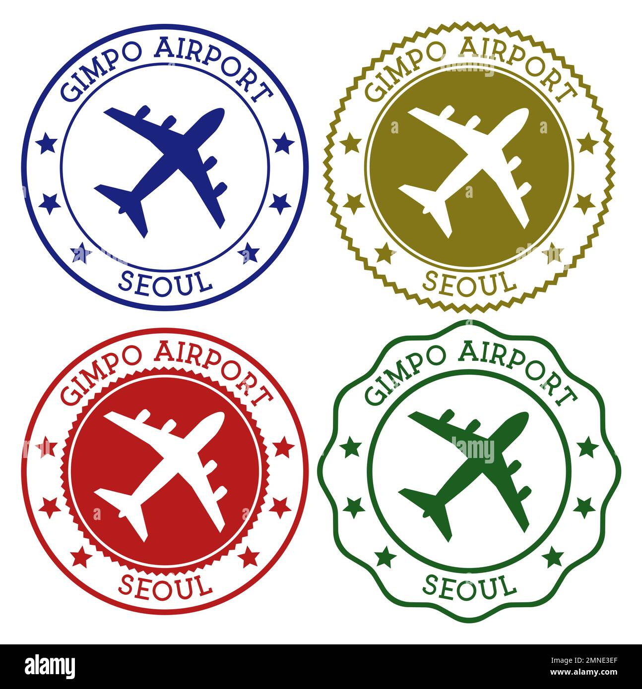 Gimpo Aeroporto di Seoul. Logo dell'aeroporto di Seoul. Timbri piatti nella tavolozza dei colori dei materiali. Illustrazione vettoriale. Illustrazione Vettoriale
