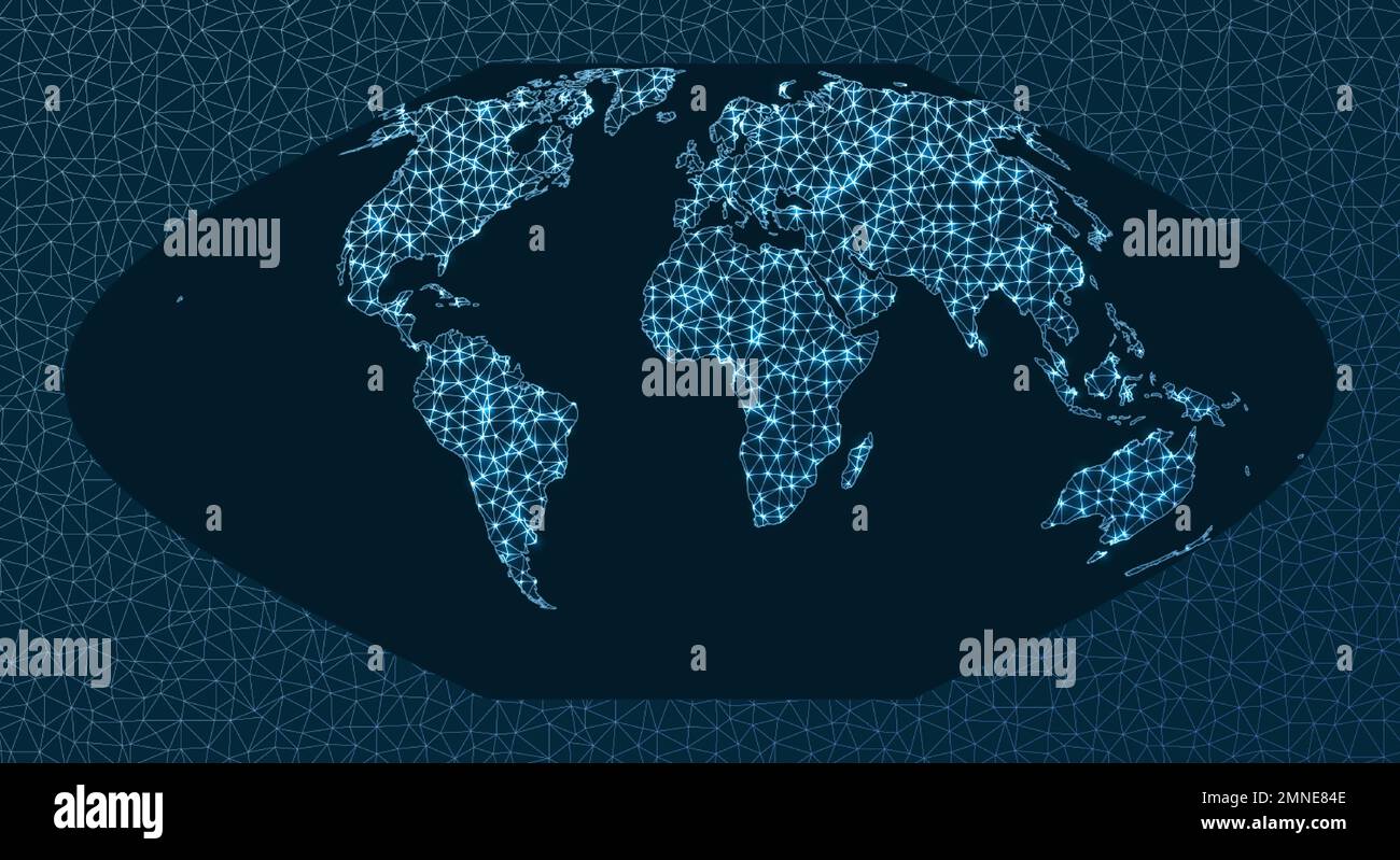 Mappa di Internet e connessioni globali. Proiezione sinusoidale polare piatta MT. Rete mondiale. Accattivante mappa delle connessioni. Illustrazione vettoriale. Illustrazione Vettoriale