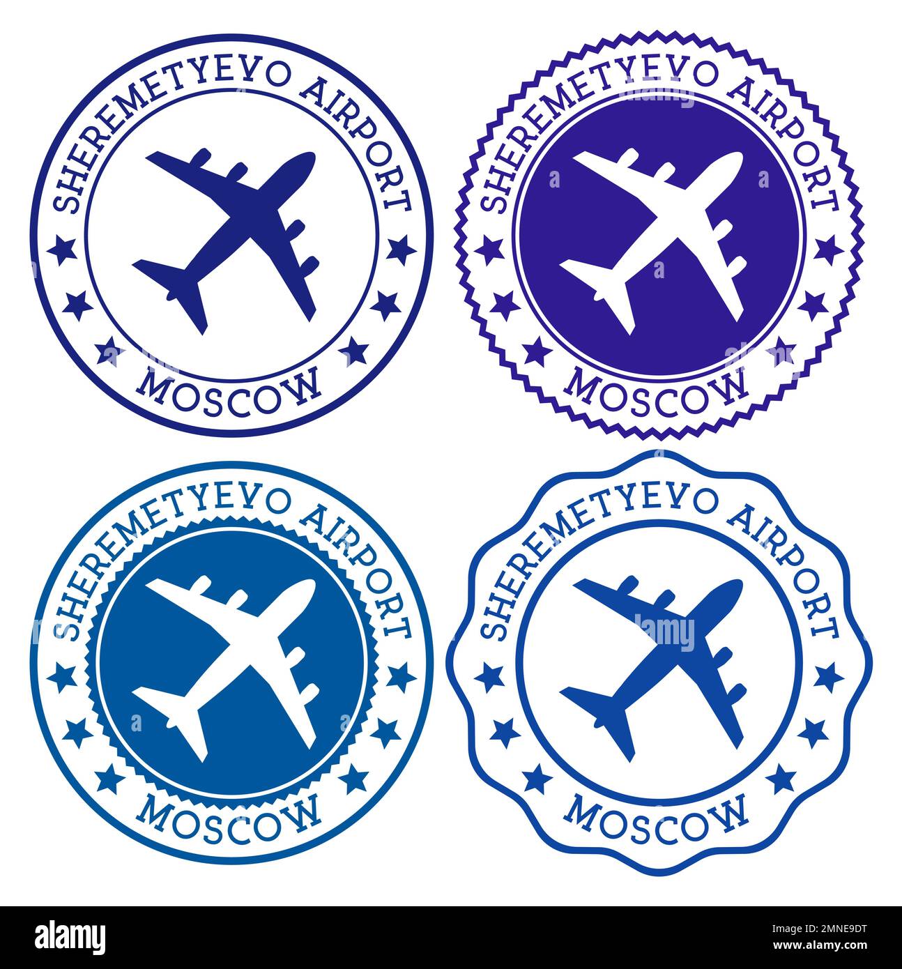 Sheremetyevo Aeroporto di Mosca. Logo dell'aeroporto di Mosca. Timbri piatti nella tavolozza dei colori dei materiali. Illustrazione vettoriale. Illustrazione Vettoriale