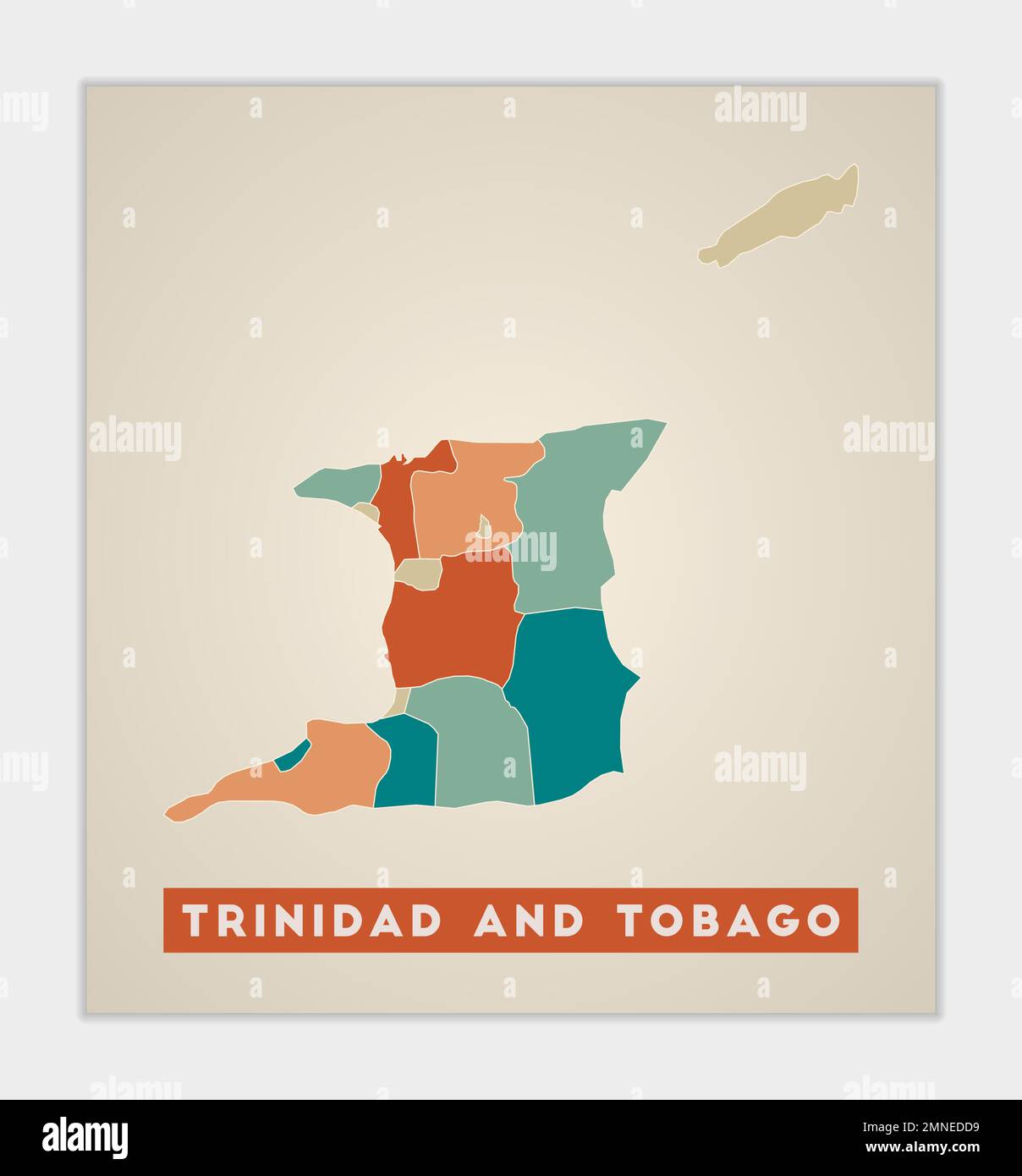 Trinidad e Tobago poster. Mappa del paese con regioni colorate. Forma di Trinidad e Tobago con nome del paese. Affascinante illustrazione vettoriale. Illustrazione Vettoriale