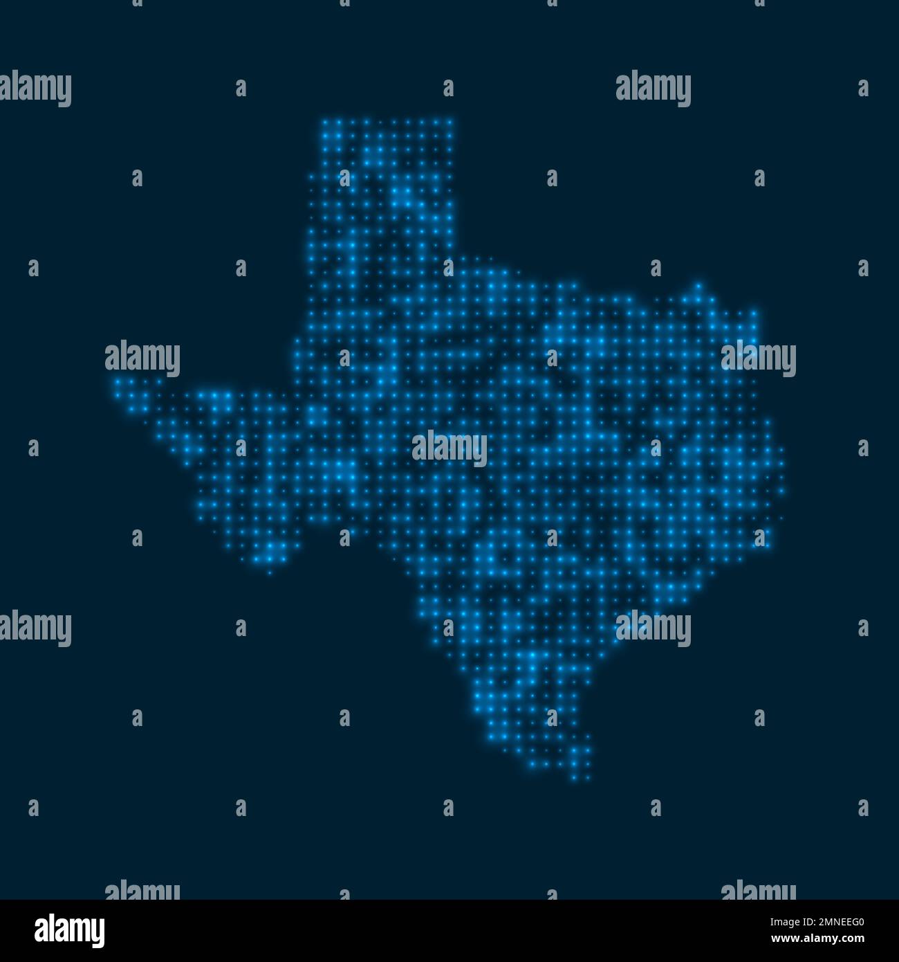 Mappa luminosa tratteggiata del Texas. Forma dello stato degli Stati Uniti con lampadine luminose blu. Illustrazione vettoriale. Illustrazione Vettoriale
