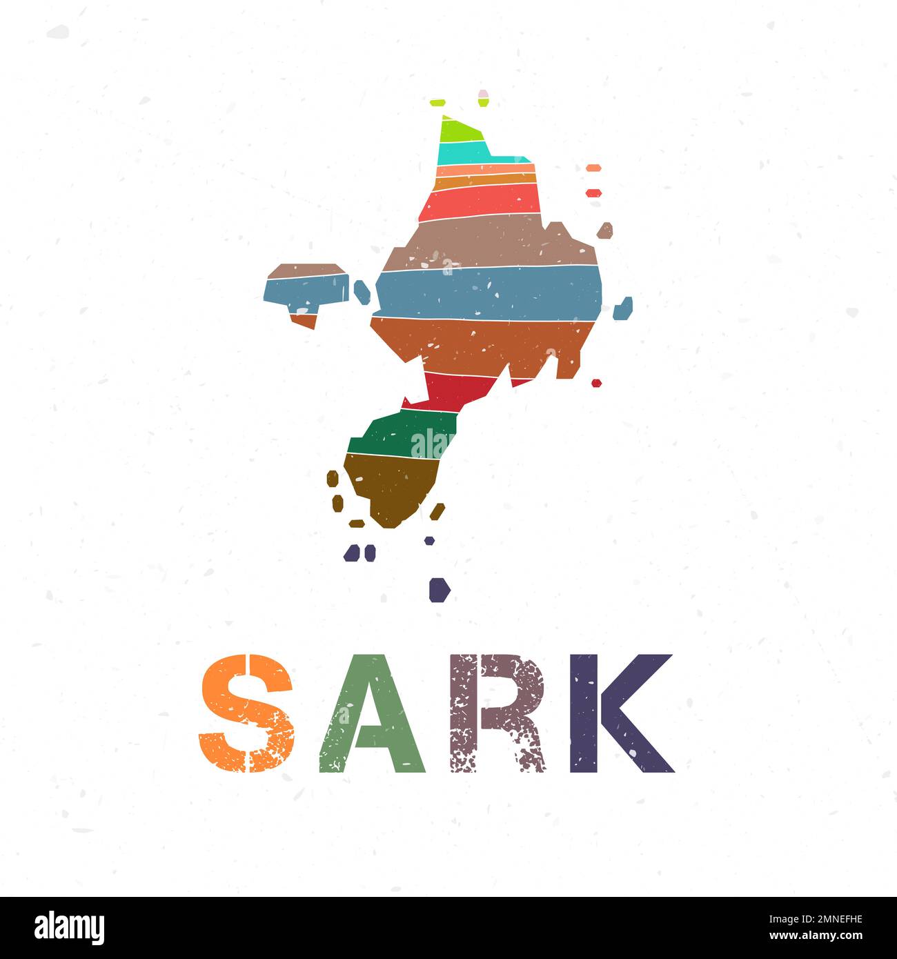 Disegno mappa Sark. Forma dell'isola con belle onde geometriche e texture grunge. Illustrazione vettoriale brillante. Illustrazione Vettoriale