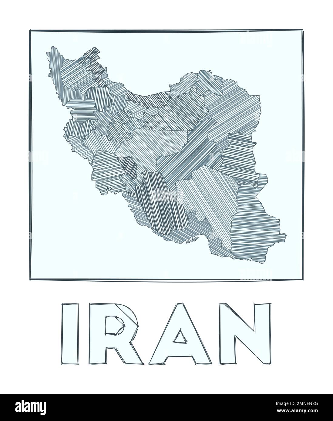Schizzo della mappa dell'Iran. Mappa del paese disegnata a mano in scala di grigi. Regioni riempite con strisce di hachure. Illustrazione vettoriale. Illustrazione Vettoriale
