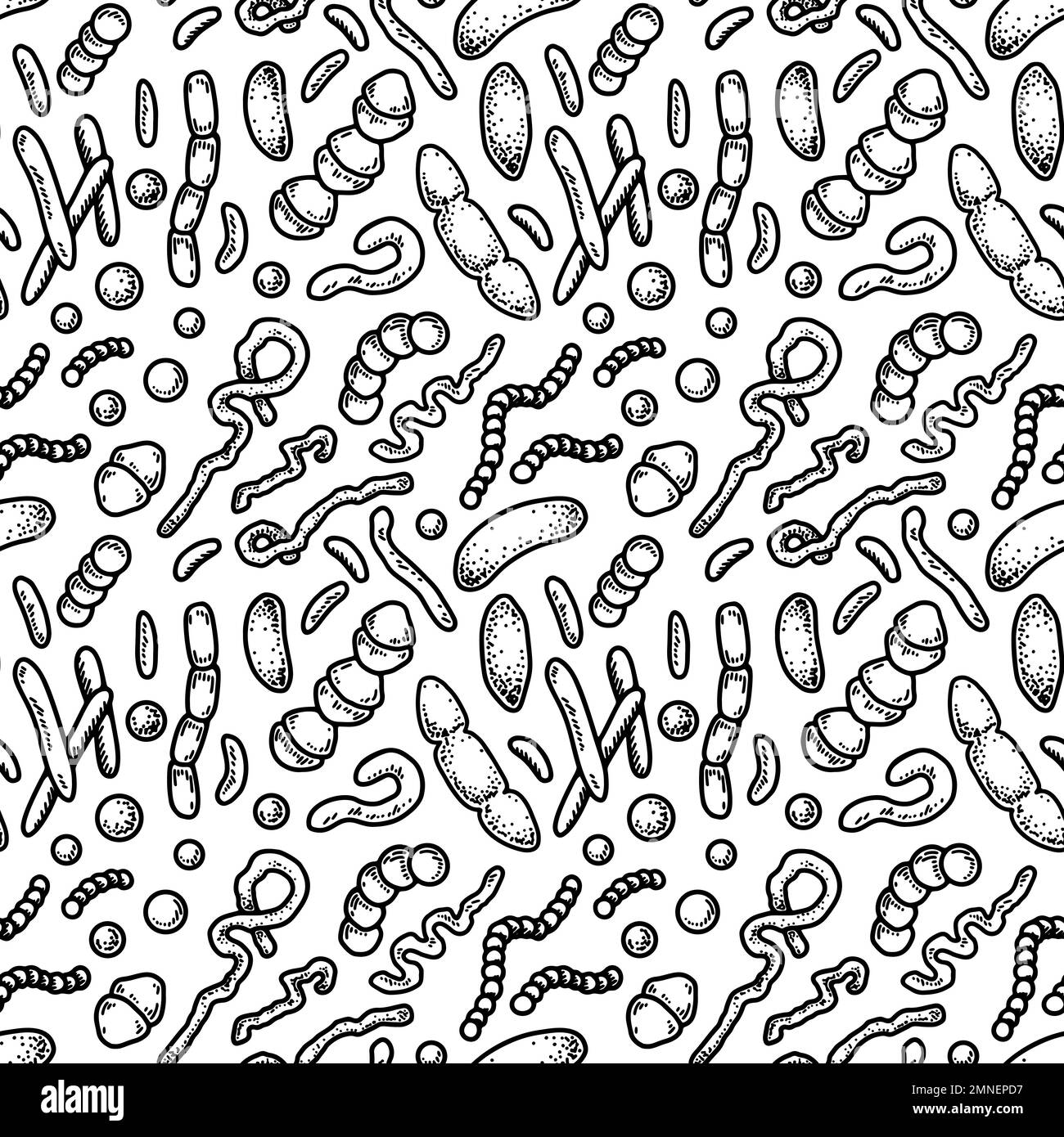 Modello senza giunture di microrganismo. Illustrazione vettoriale scientifica nello stile di schizzo. Sfondo Doodle Illustrazione Vettoriale