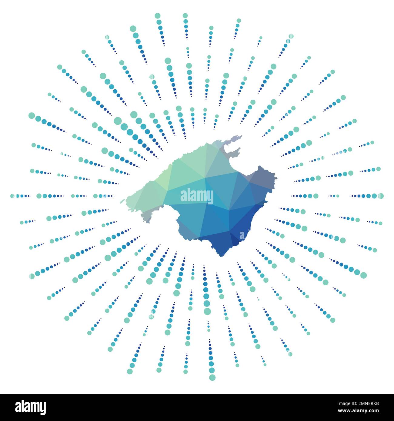 Forma di Maiorca, sunburst poligonale. Mappa dell'isola con coloratissime razze. Maiorca illustrazione in digitale, tecnologia, internet, stile di rete. Illustrazione Vettoriale