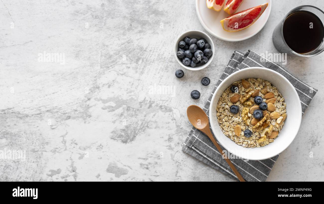 deliziosa composizione del pasto per la colazione con spazio copia 2. Risoluzione e foto di alta qualità Foto Stock