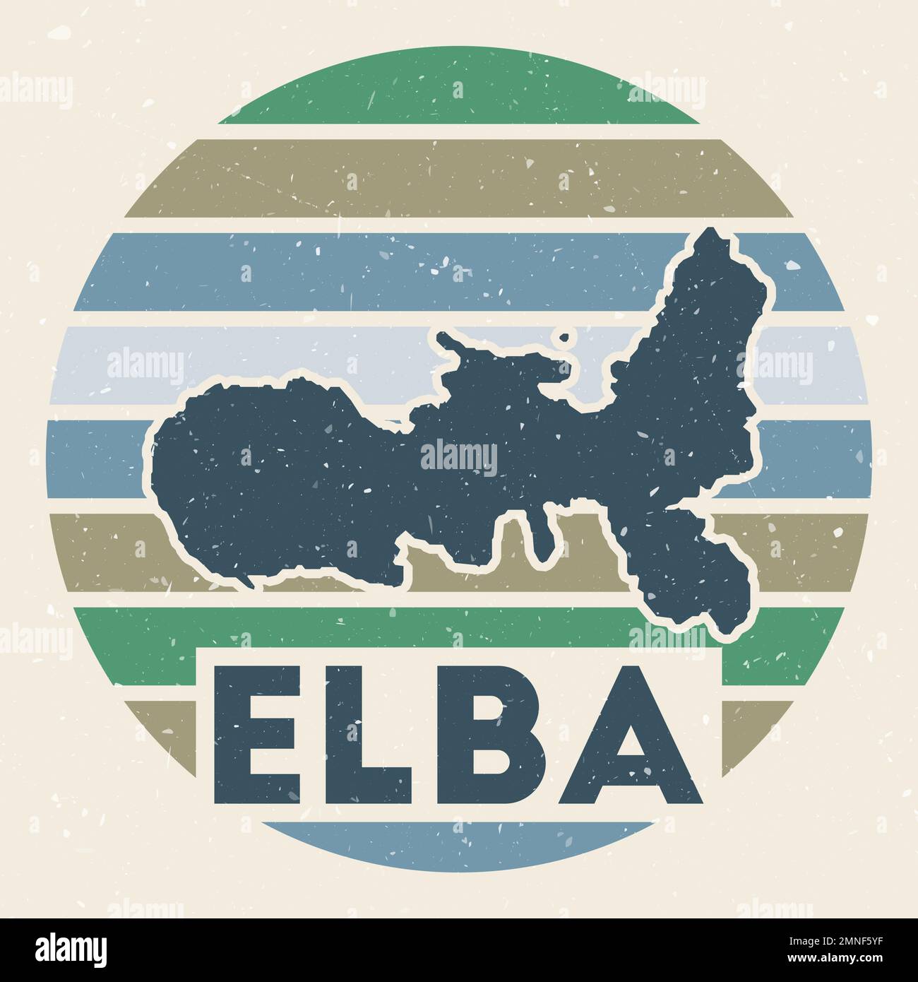 Logo Elba. Firma con la mappa dell'isola e strisce colorate, illustrazione vettoriale. Illustrazione Vettoriale