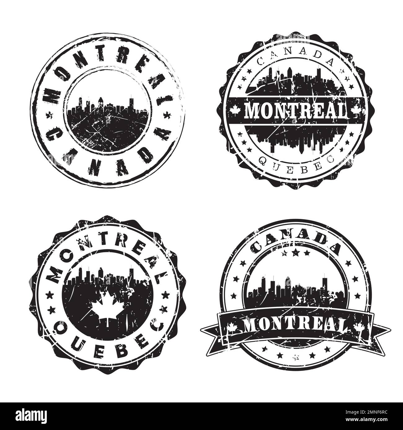 Montreal Quebec timbro postale Skyline. Passaporto postale Silhouette. Set di icone vettore circolare città. Affrancatura vintage Illustrazione Vettoriale