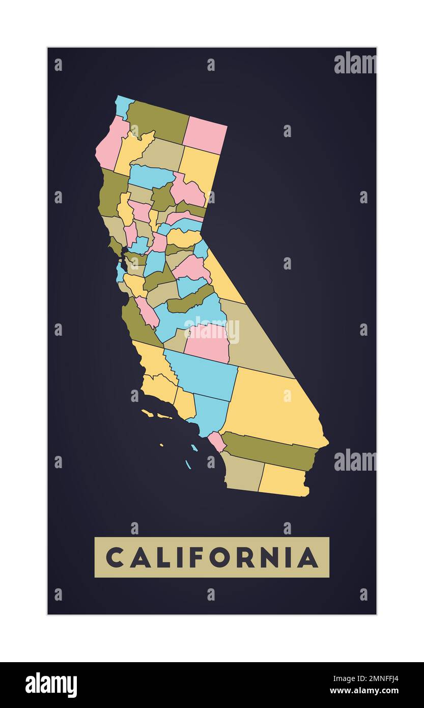 Mappa della California. Poster dello stato DEGLI STATI UNITI con le regioni. Forma della California con il nome dello stato degli Stati Uniti. Accattivante illustrazione vettoriale. Illustrazione Vettoriale