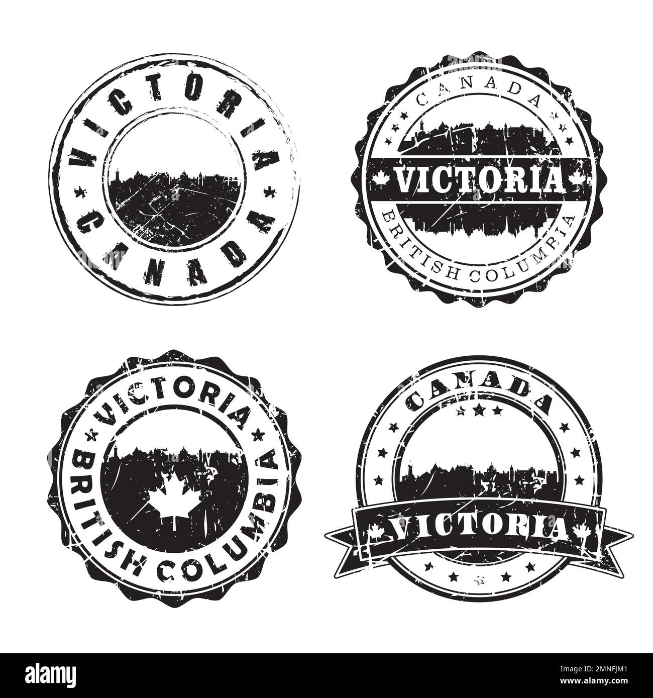 Victoria British Columbia timbro postale Skyline. Passaporto postale Silhouette. Set di icone vettore circolare città. Affrancatura vintage Illustrazione Vettoriale