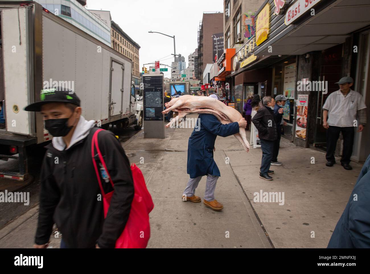 Consegna di carcasse di suino in un ristorante a Chinatown, New York, USA Foto Stock
