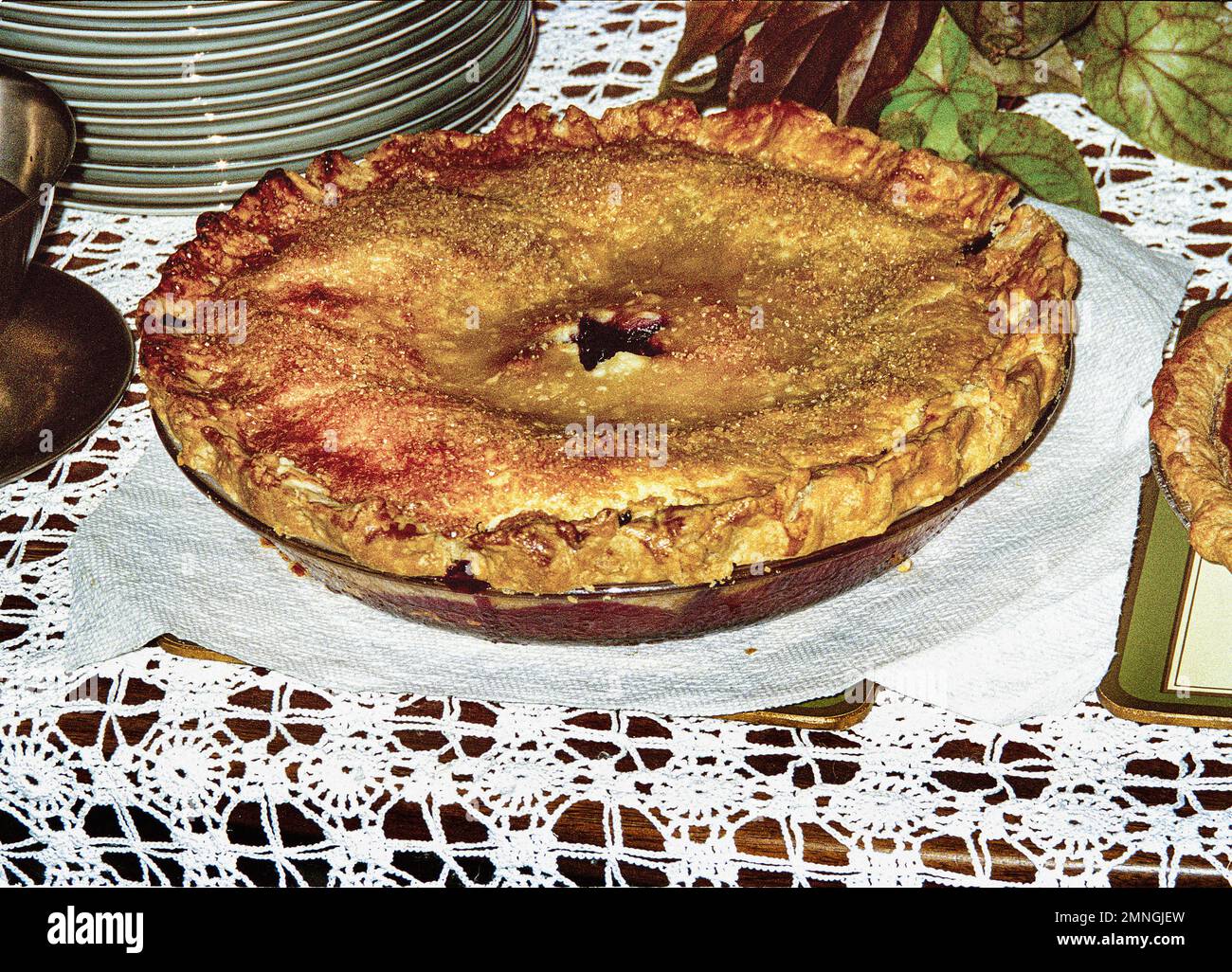 Torta di mirtilli al forno su tovaglia in pizzo Foto Stock