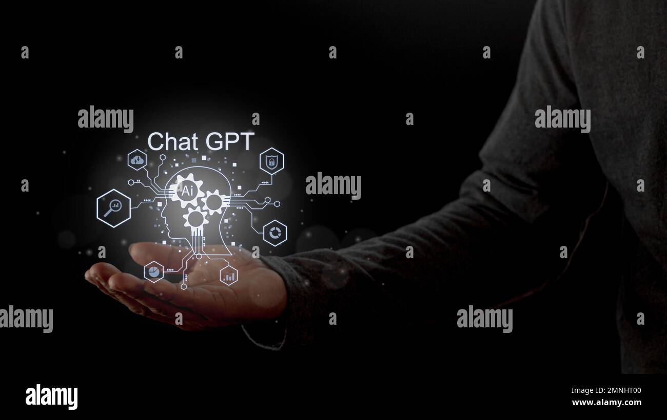 ChatGPT, usando e chattando l'intelligenza artificiale chatbot. Chatbot digitale, chatGPT, applicazione robot, concetto di assistente di conversazione. Ottimizzazione.l Foto Stock