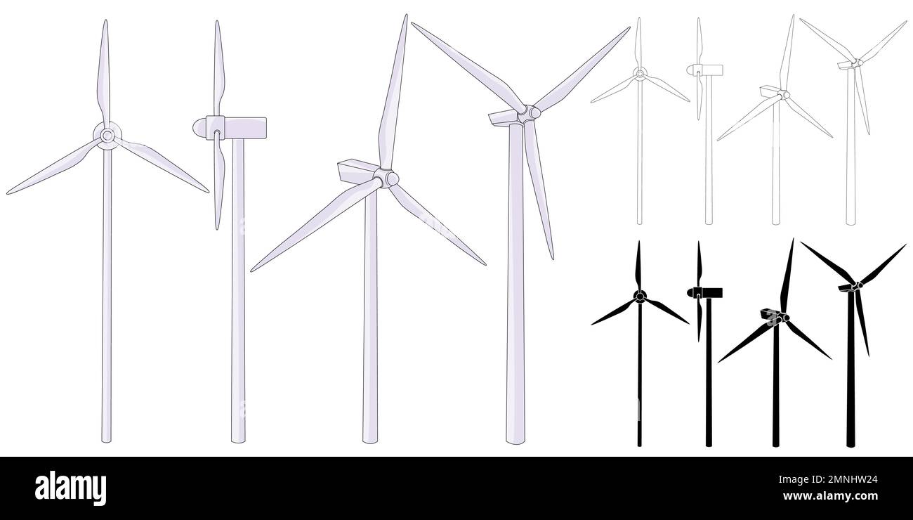 Fattoria eolica. Illustrazione di una torre del generatore di una centrale eolica pulita. Generazione di energia eolica. Illustrazione del profilo. Raccolta di icone per turbine eoliche. Illustrazione Vettoriale