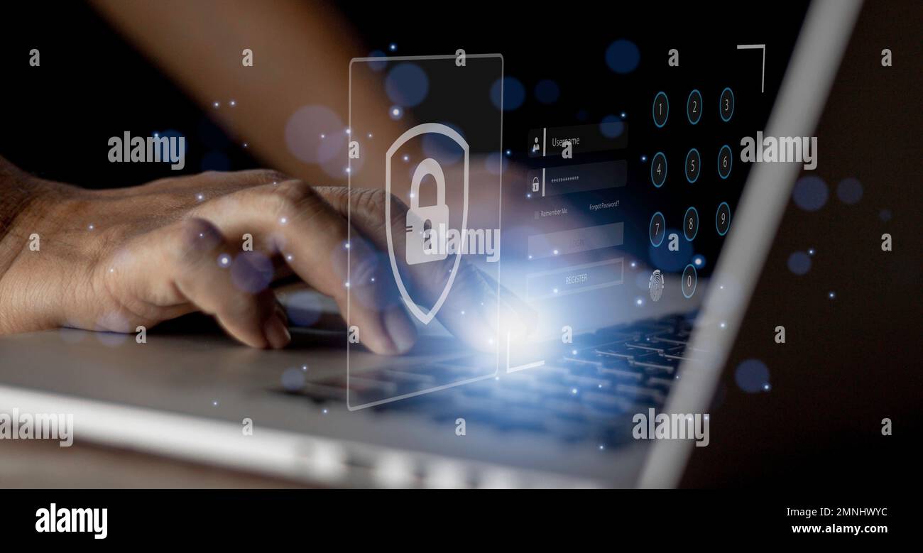 Online cyberspazio internet cyberspazio legge norme diritti regolamentazione sicurezza blocco protezione contro copyright abuso condotta. Icona lucchetto digitale, CY Foto Stock