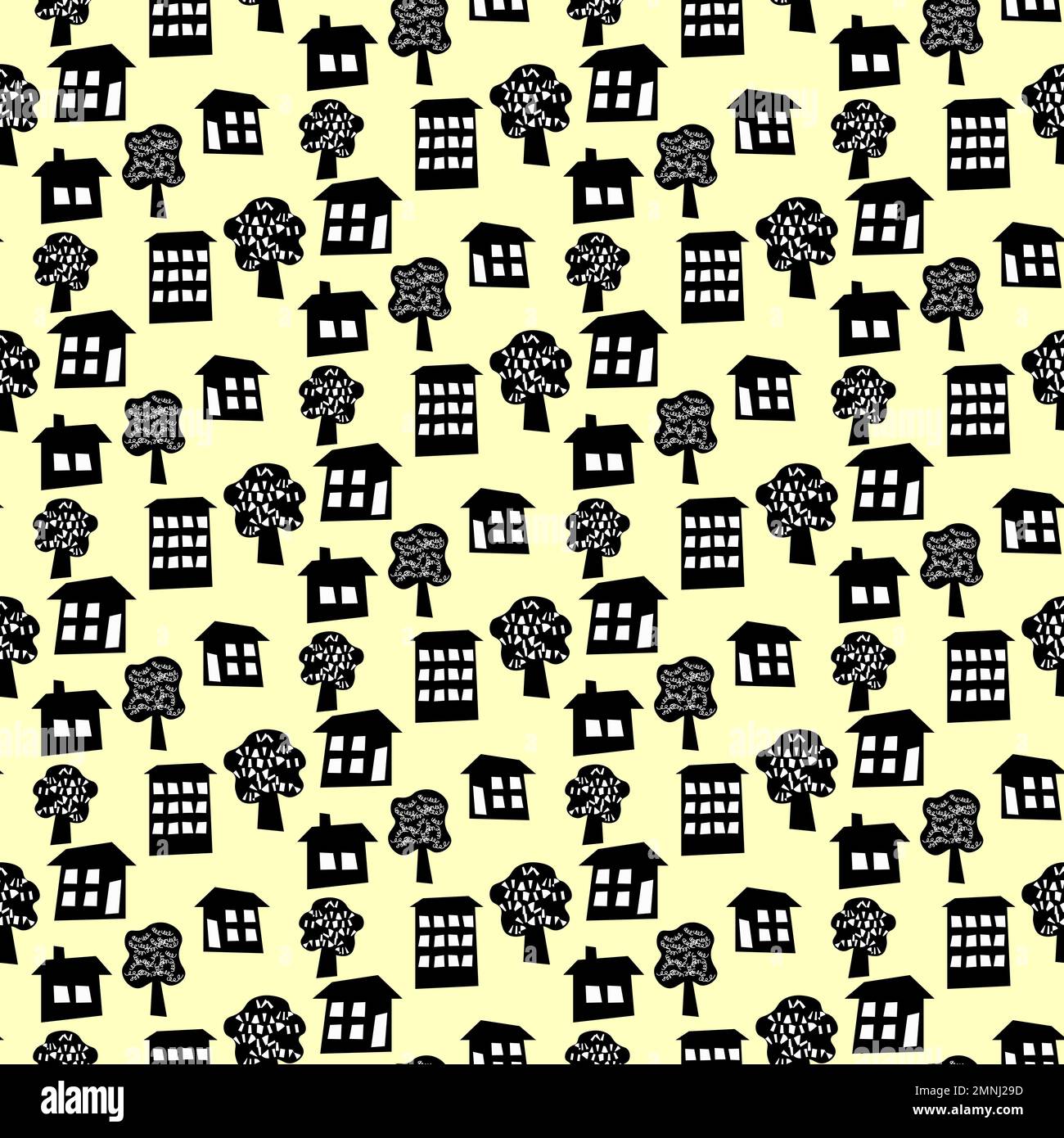Case e alberi in bianco e nero stilizzati. Paesaggio urbano. Illustrazione Vettoriale
