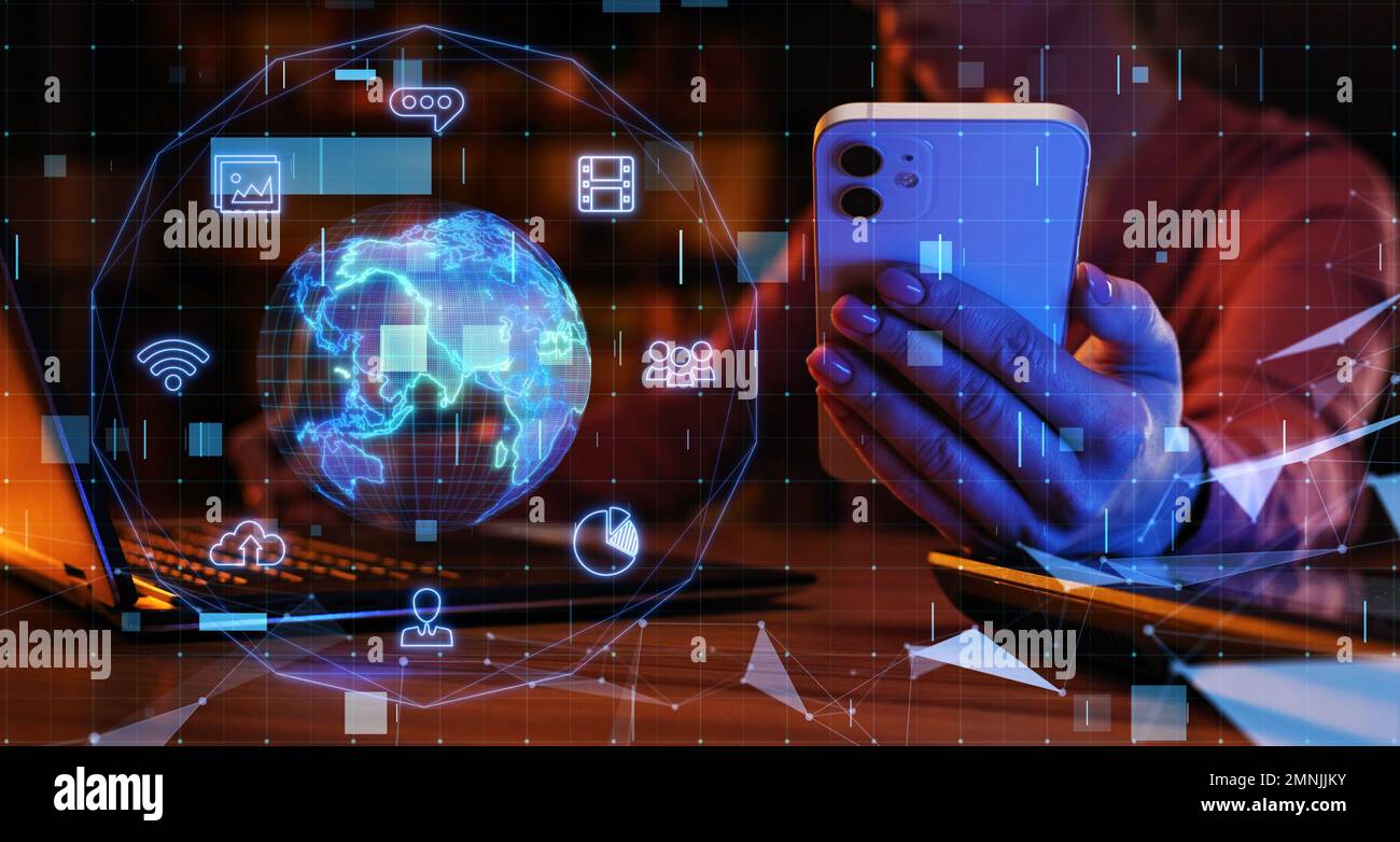 Grande data. Concetto di storage dei dati, World Wide Web, media, Internet, storage cloud, protezione dei dati. Visualizzazione dell'intelligenza artificiale nei dati Foto Stock