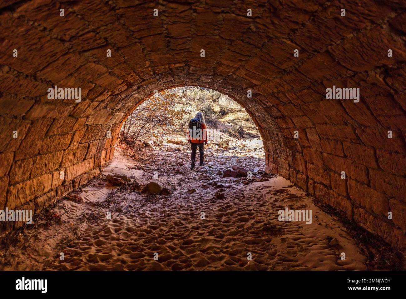 USA, Utah, Zion National Park, escursionista femminile che attraversa il tunnel Foto Stock