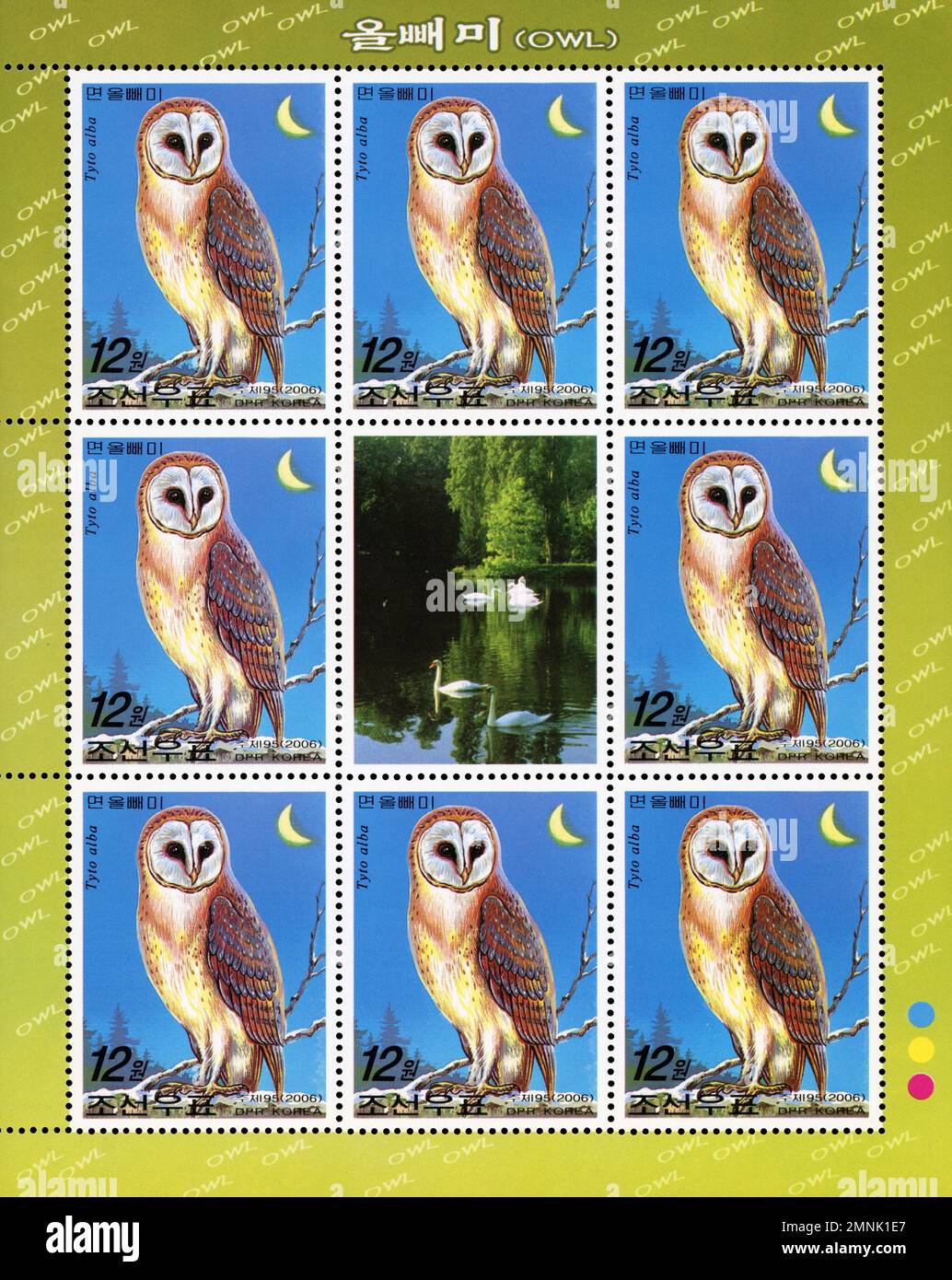 Foglio di francobolli nordcoreani raffiguranti i Barn Owls (Tyto alba) e un'immagine centrale di cigni su un lago, emesso nel 2006 (Juche 95). Foto Stock