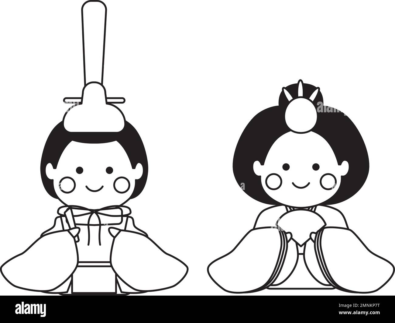 Disegno di linea di due bambole Hina allineate. Hinamatsuri pagina da colorare. Un'illustrazione carina e semplice da colorare simile a un libro. Illustrazione Vettoriale