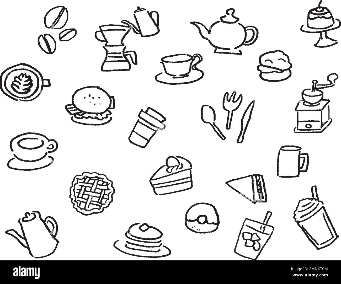 Set icone disegno linea Cafe. Bianco e nero. Disegni a linee di vari dolci e caffè. Illustrazione Vettoriale