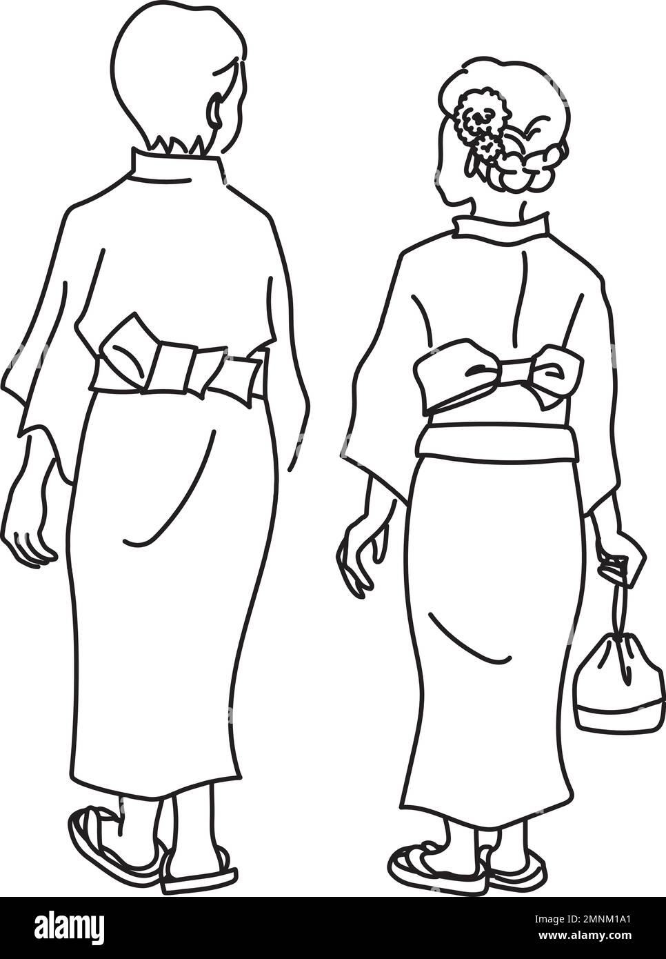 Illustrazione vettoriale della vista posteriore di uomini e donne che indossano yukata. Un uomo e una donna indossano tradizionali yukata giapponesi e vanno ad un festival. BL Illustrazione Vettoriale