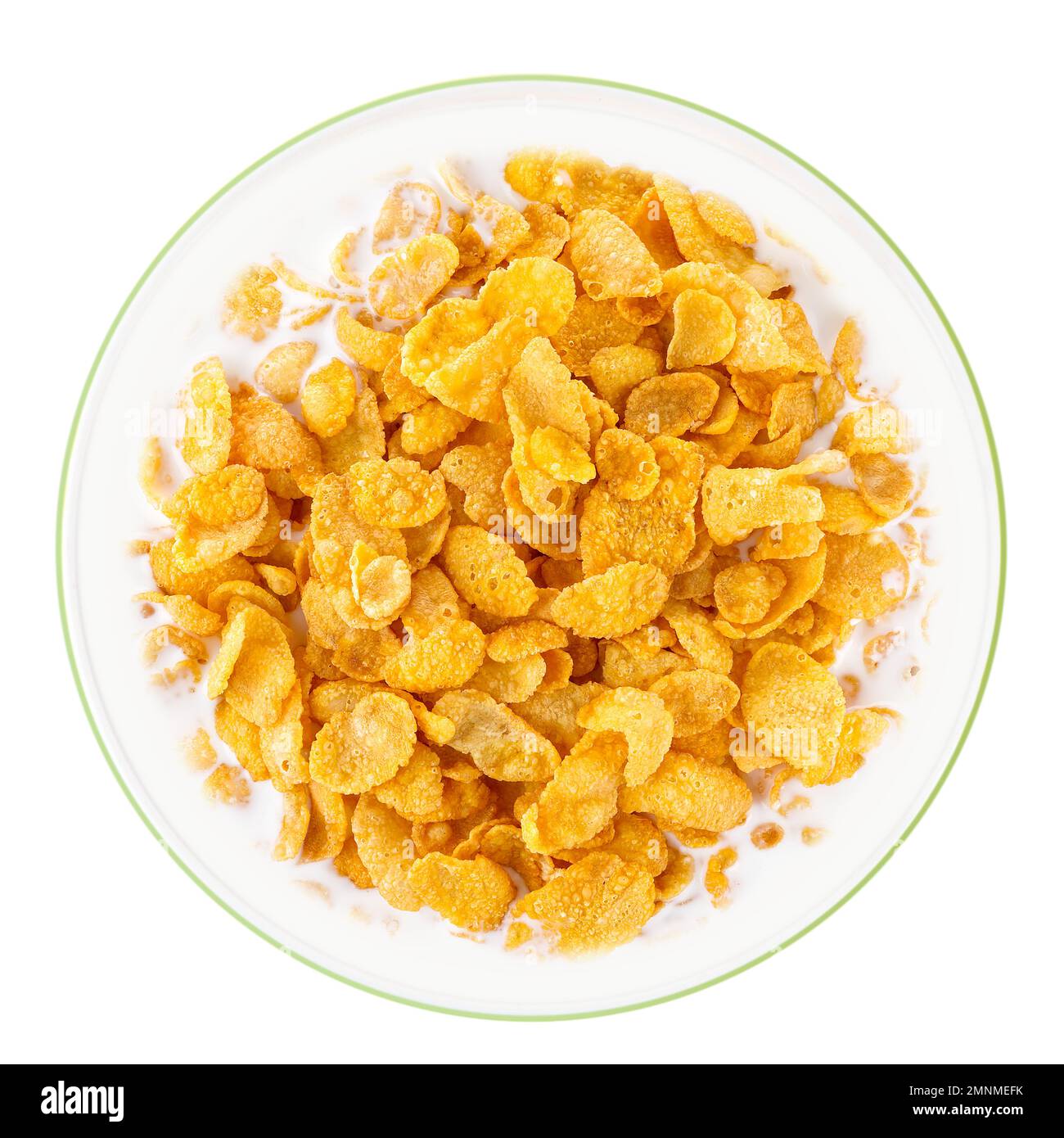 Ciotola di cornflakes dolci con latte isolato su sfondo bianco, vista dall'alto Foto Stock