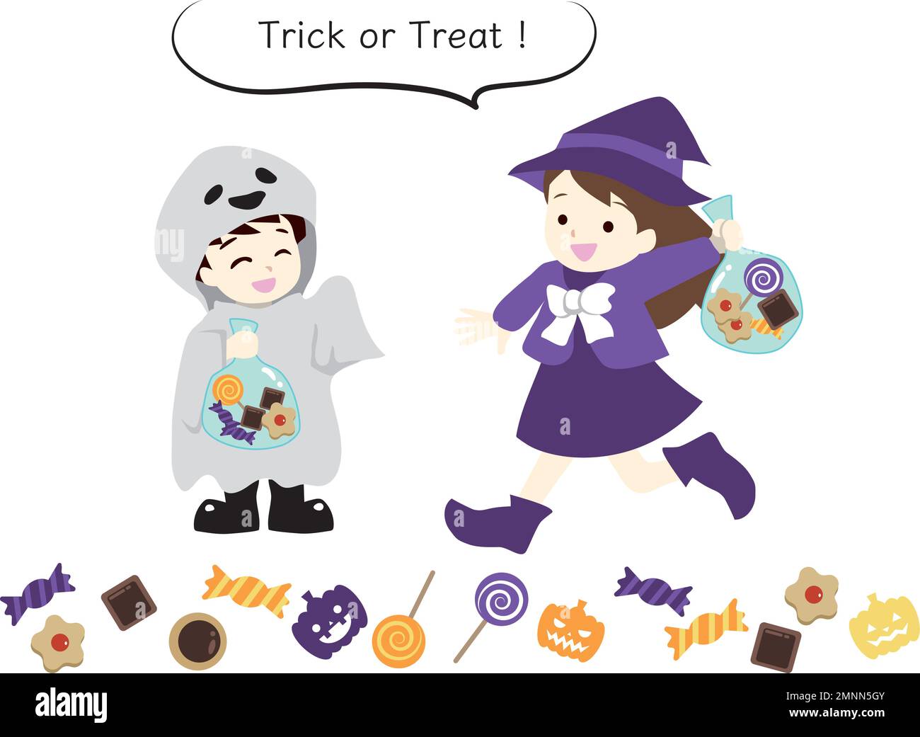 Ragazzo e ragazza vestiti come costumi di Halloween e chiamato Trick o Treat. Bambini che tengono dolci. Illustrazione Vettoriale