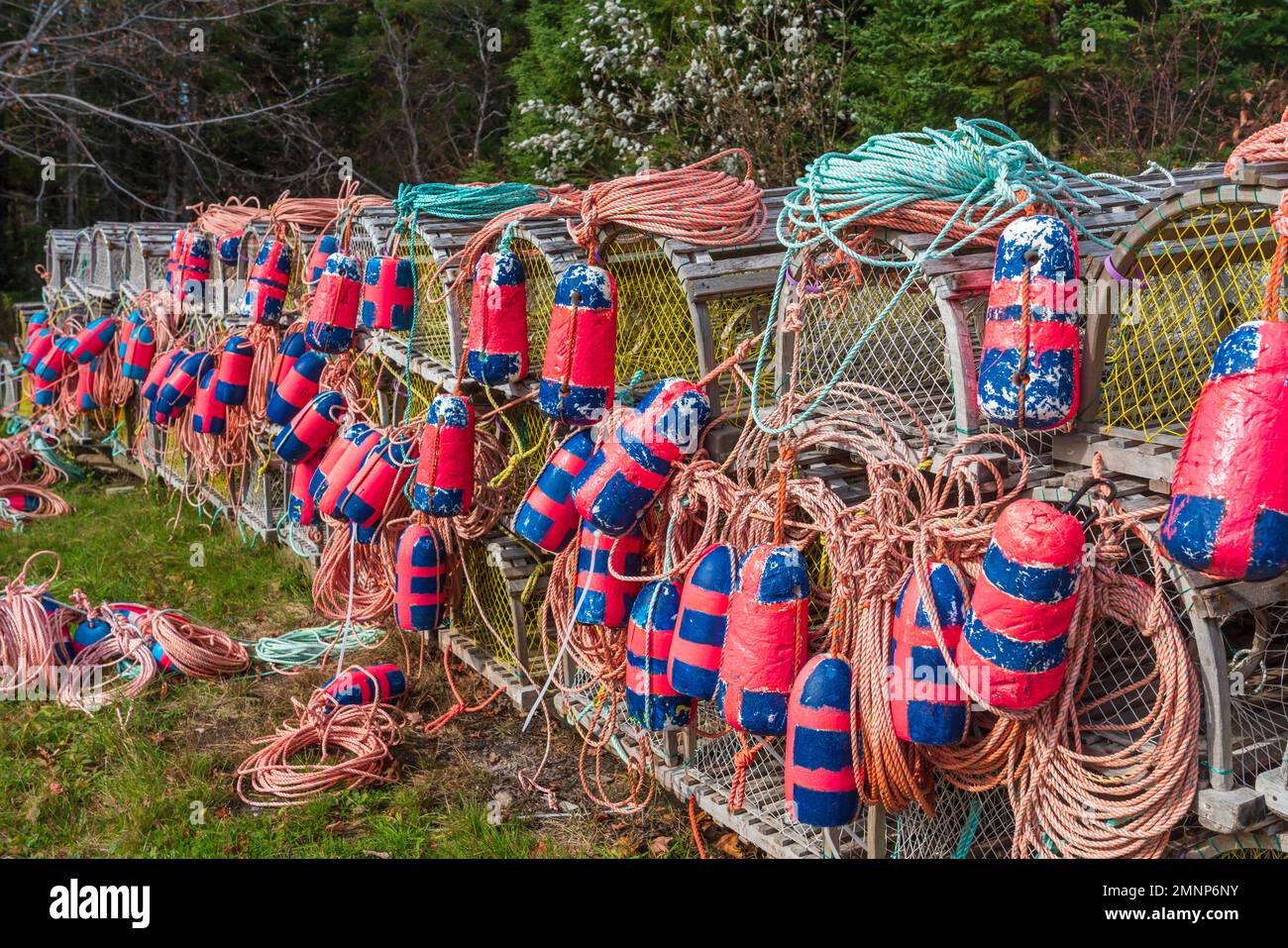 Pesca paraphernalia, boe e trappole di aragosta vicino a Ingonish, Nuova Scozia, Canada. Foto Stock