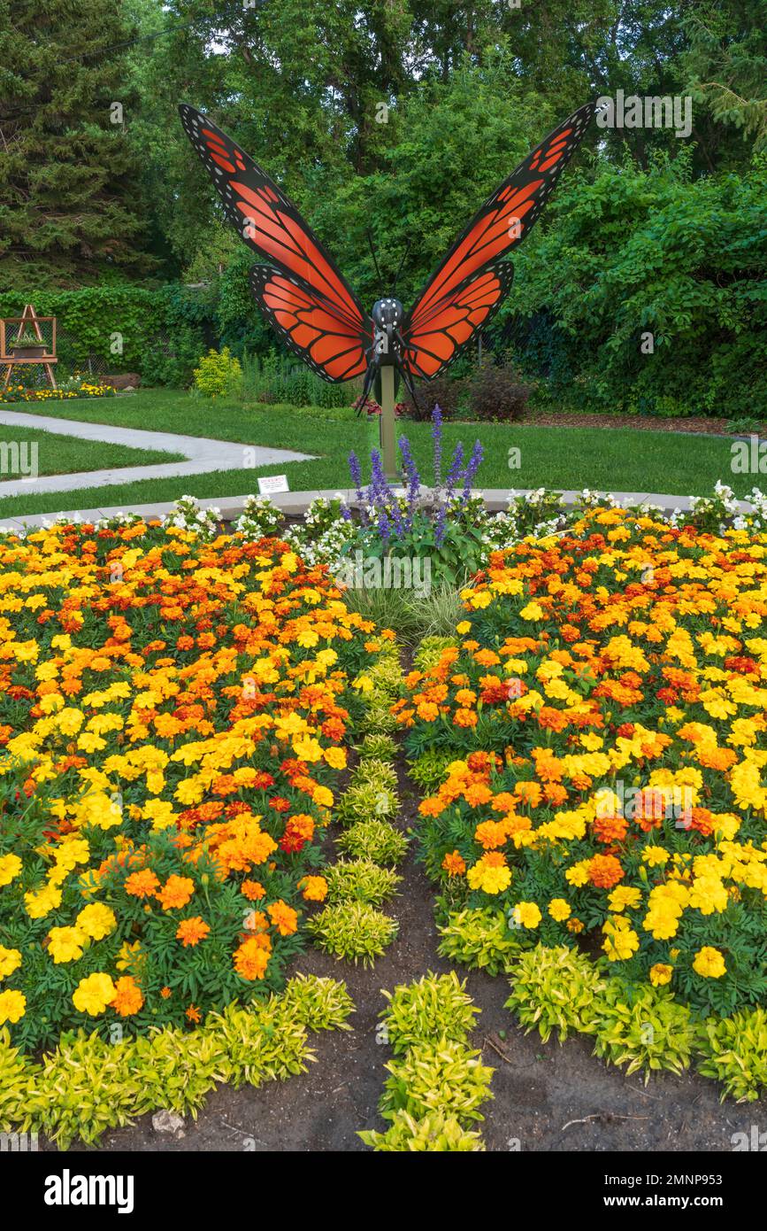 Un giardino fiorito e una scultura di farfalle presso i Giardini delle Farfalle vicino alla Winkler Art Gallery, Winkler, Manitoba. Foto Stock