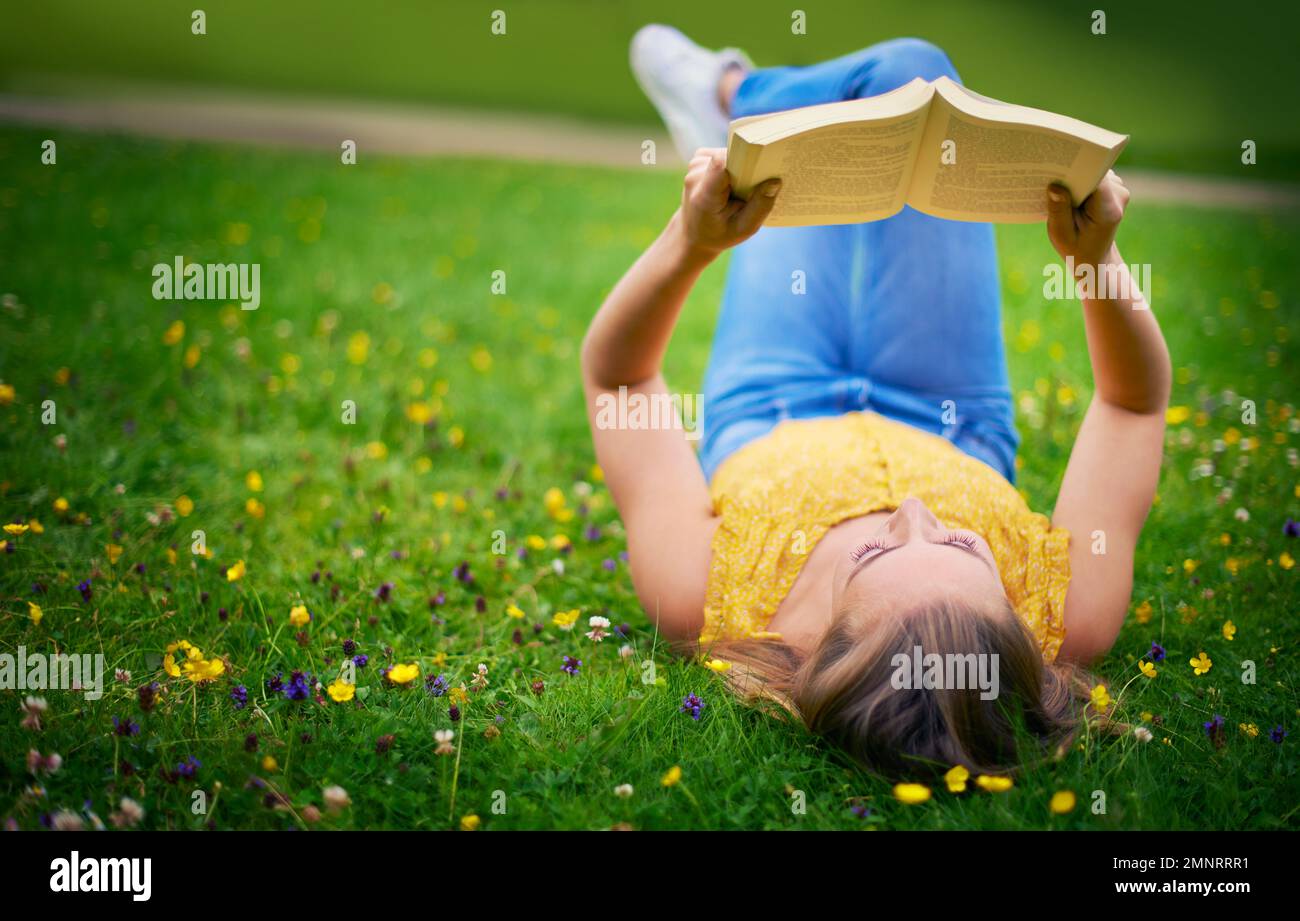 Perdersi in qualche letteratura. una giovane donna spensierata che si rilassa in un campo d'erba con un libro. Foto Stock