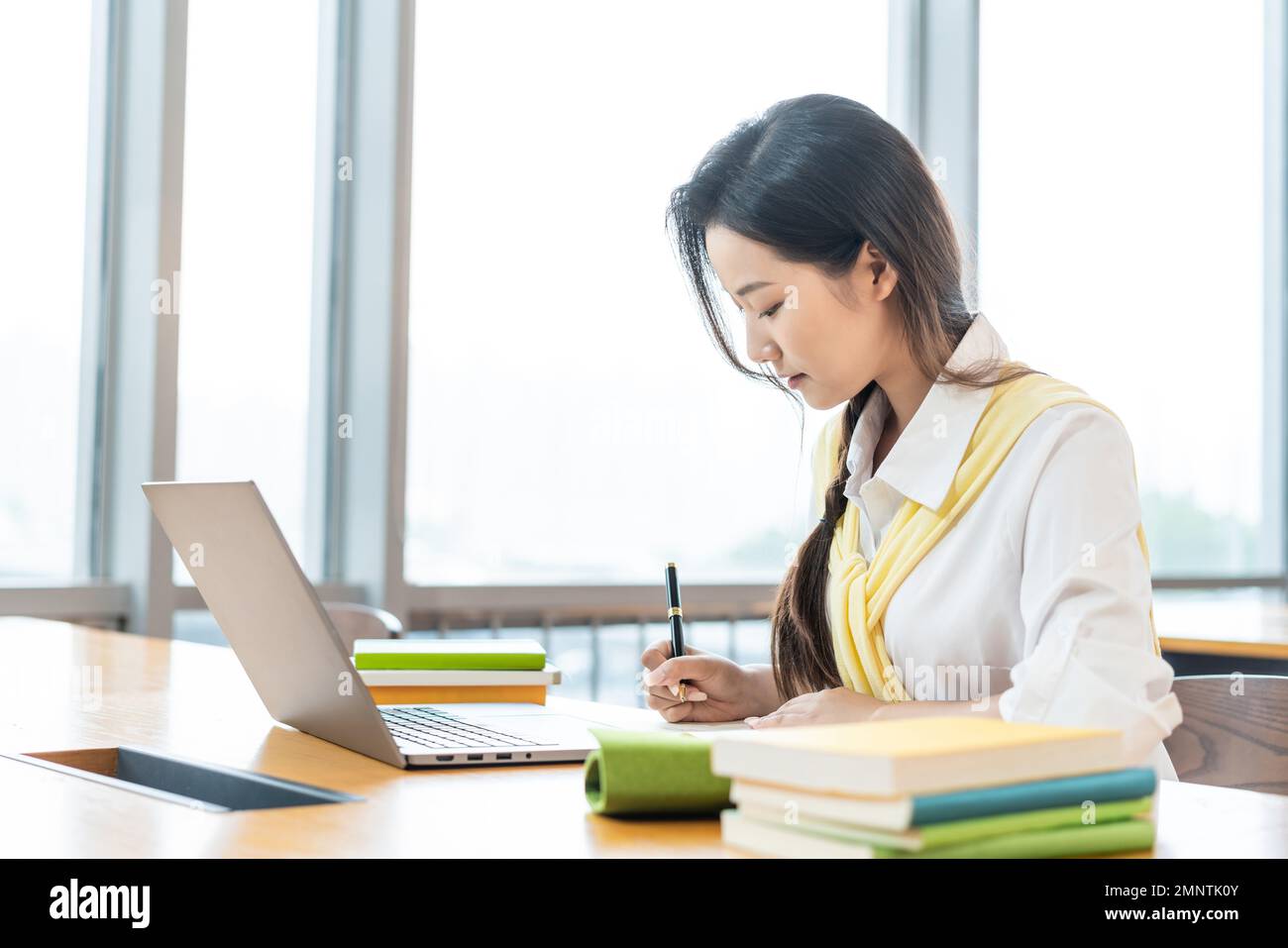 La giovane donna che usa i notebook Foto Stock