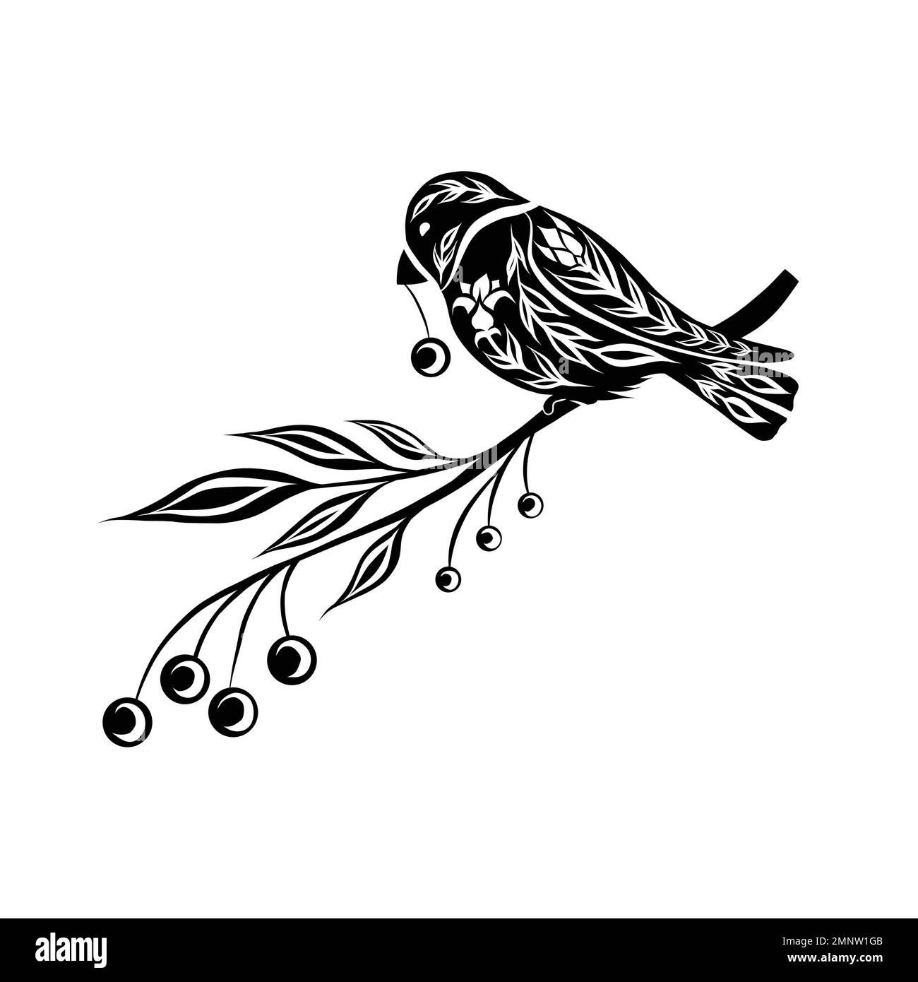 Vettore nero illustrazione ornamentale uccelli e bacche di rowan su rami isolati dallo sfondo. Clipart monocromatico con traccine Illustrazione Vettoriale