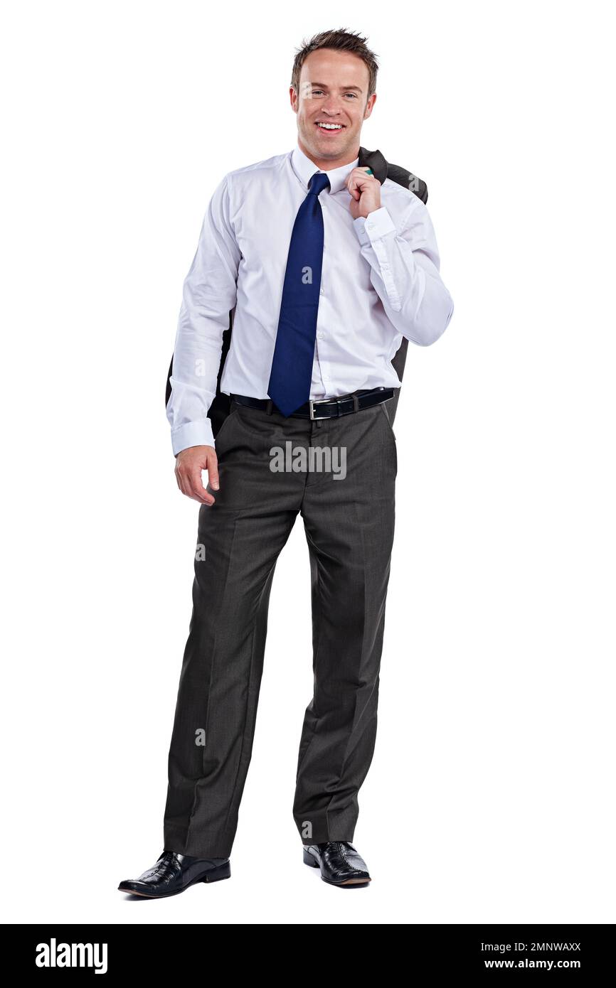 Amo il mio lavoro. Ritratto completo di un uomo d'affari su sfondo bianco. Foto Stock
