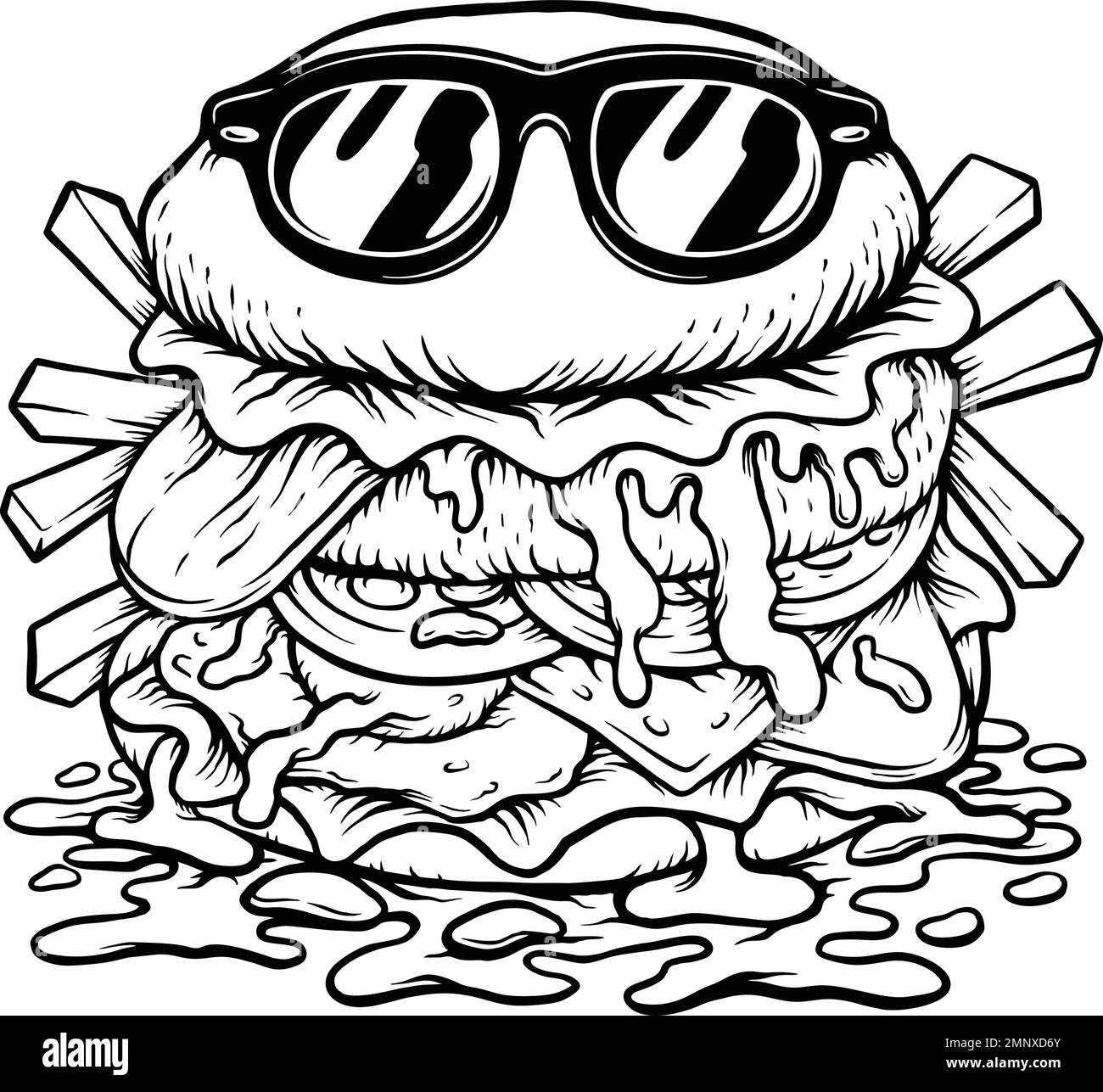 Cool hamburger cartone animato logo monocromatico vettoriale illustrazioni per il vostro logo di lavoro, merchandise t-shirt, adesivi e disegni di etichette, poster, biglietti d'auguri Illustrazione Vettoriale