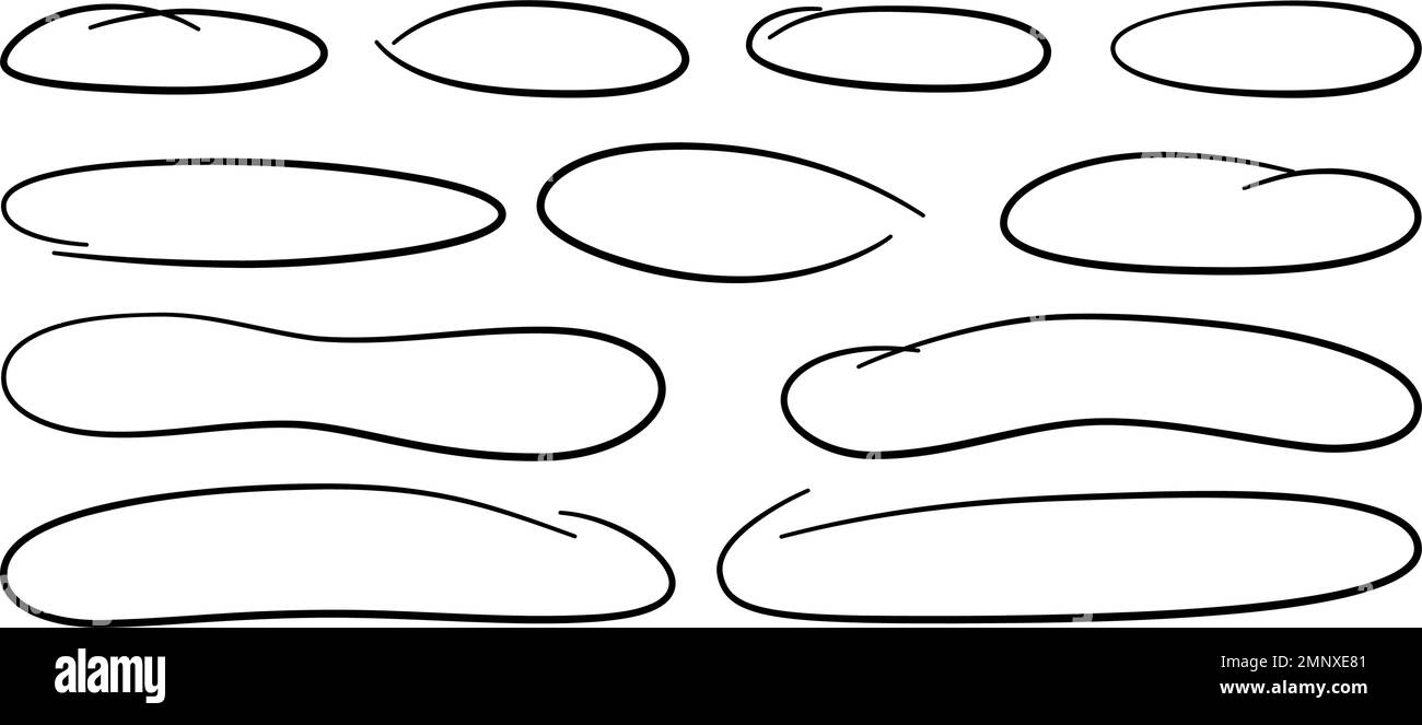 Set di ovali a cerchio lungo disegnati a mano. Ellissi di diverse larghezze. Evidenziare i riquadri del cerchio. Elipses e ovali in stile doodle. Set di illustrazioni vettoriali Illustrazione Vettoriale